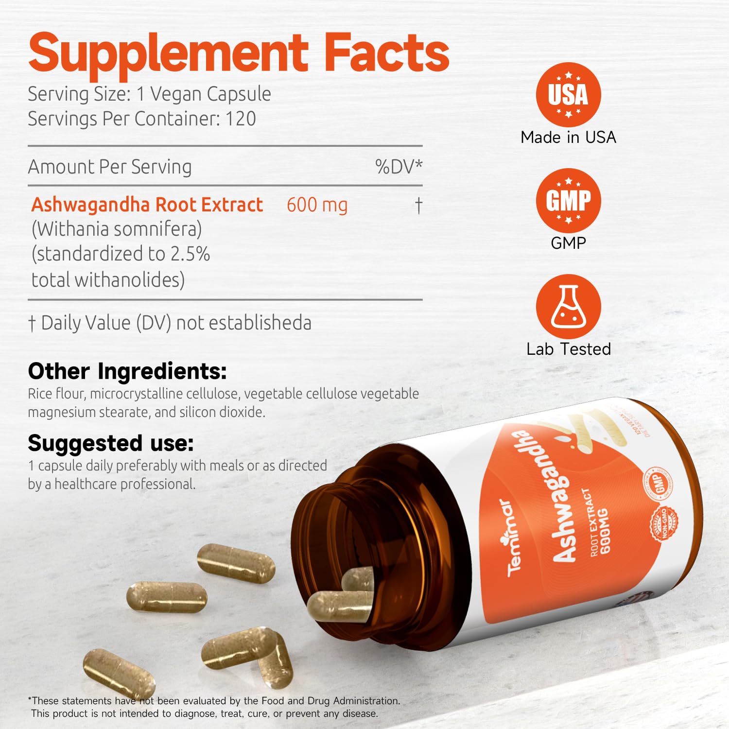 Temimar Ashwagandha Supplement 600mg ingredients list