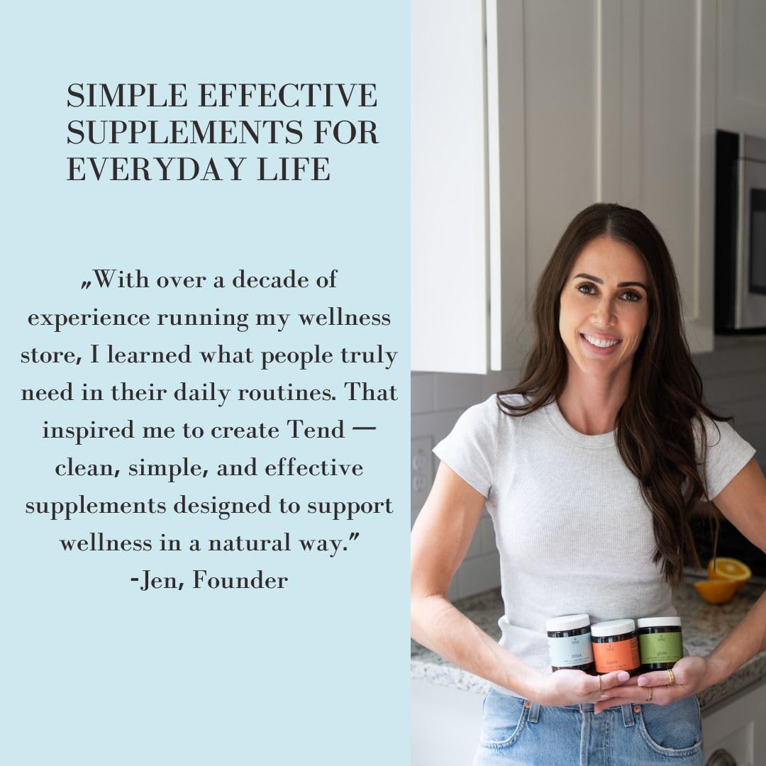 Tend daily wellness Dietary Supplement capsules on a wooden surface