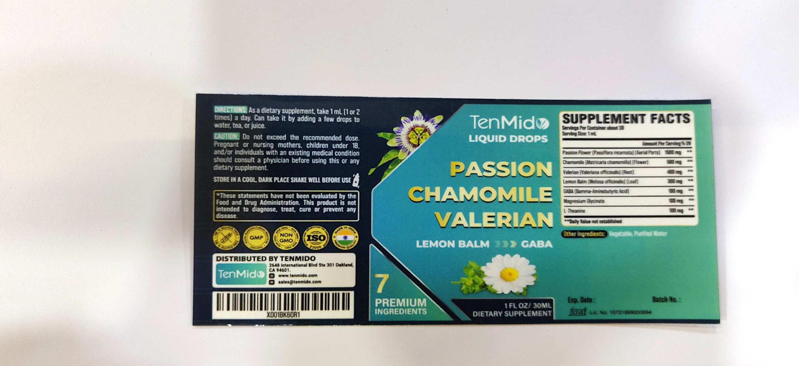 Tenmido 7-in-1 Passion Flower Extract Liquid Drops 30ml packaging