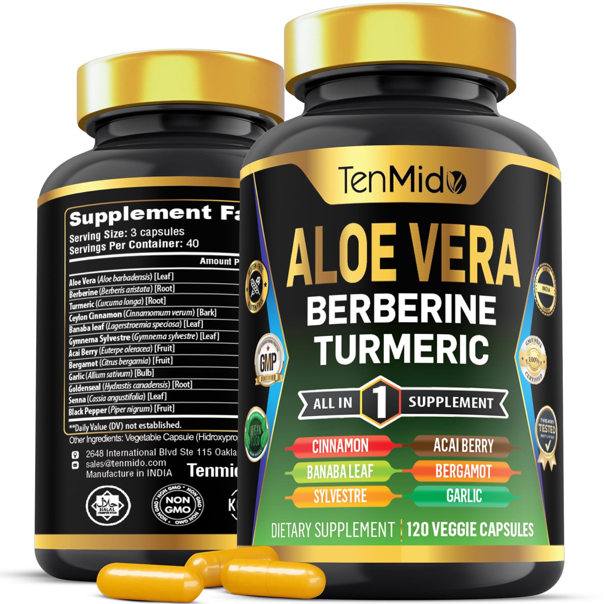 Tenmido Aloe Vera Supplement 120 veggie capsules front view