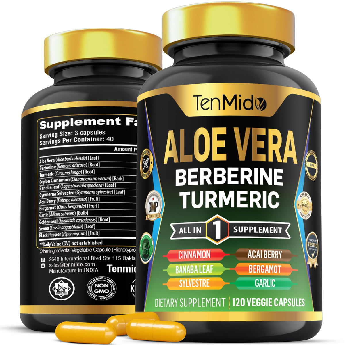 Tenmido Aloe Vera Supplement 120 veggie capsules front view