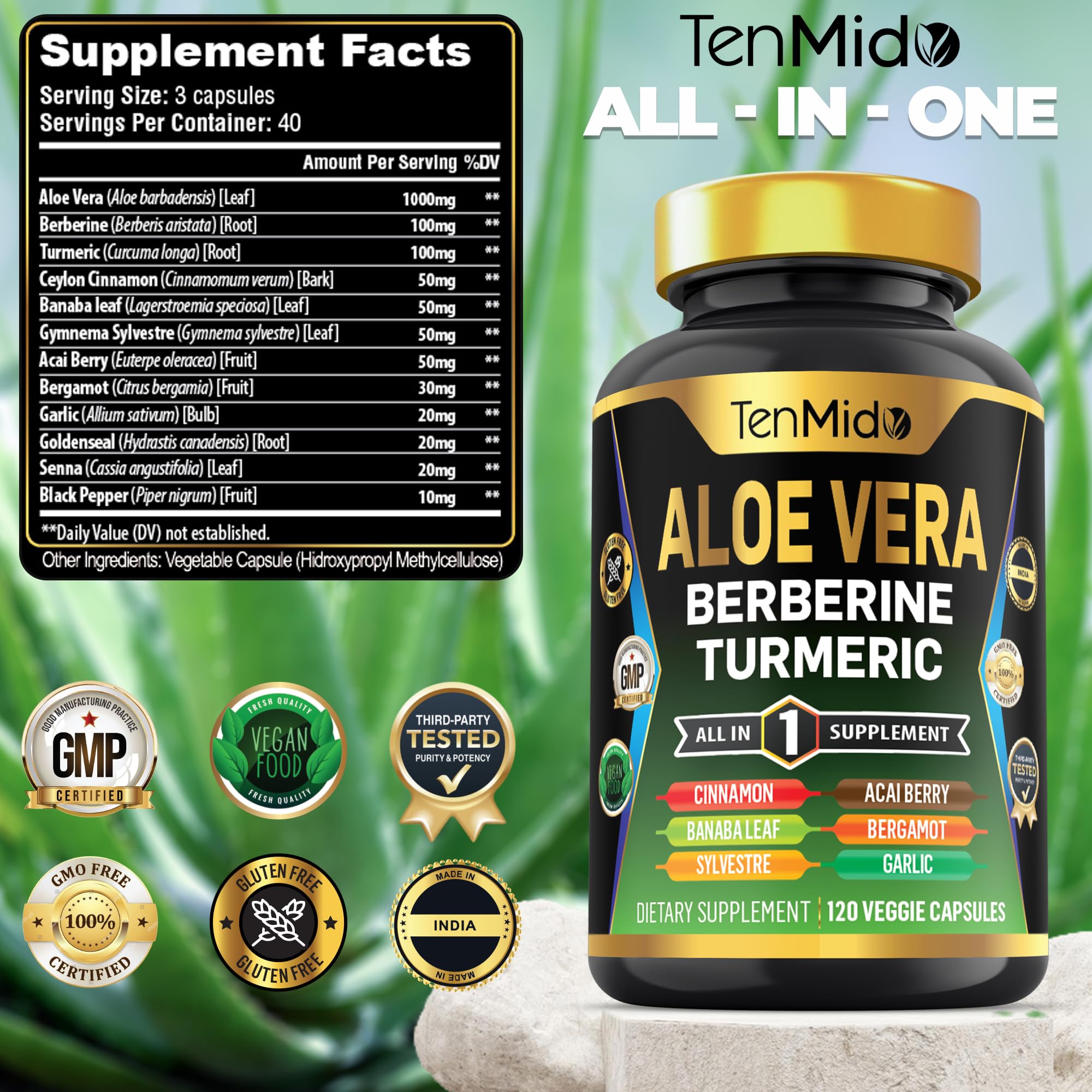 Tenmido Aloe Vera Supplement bottle side view