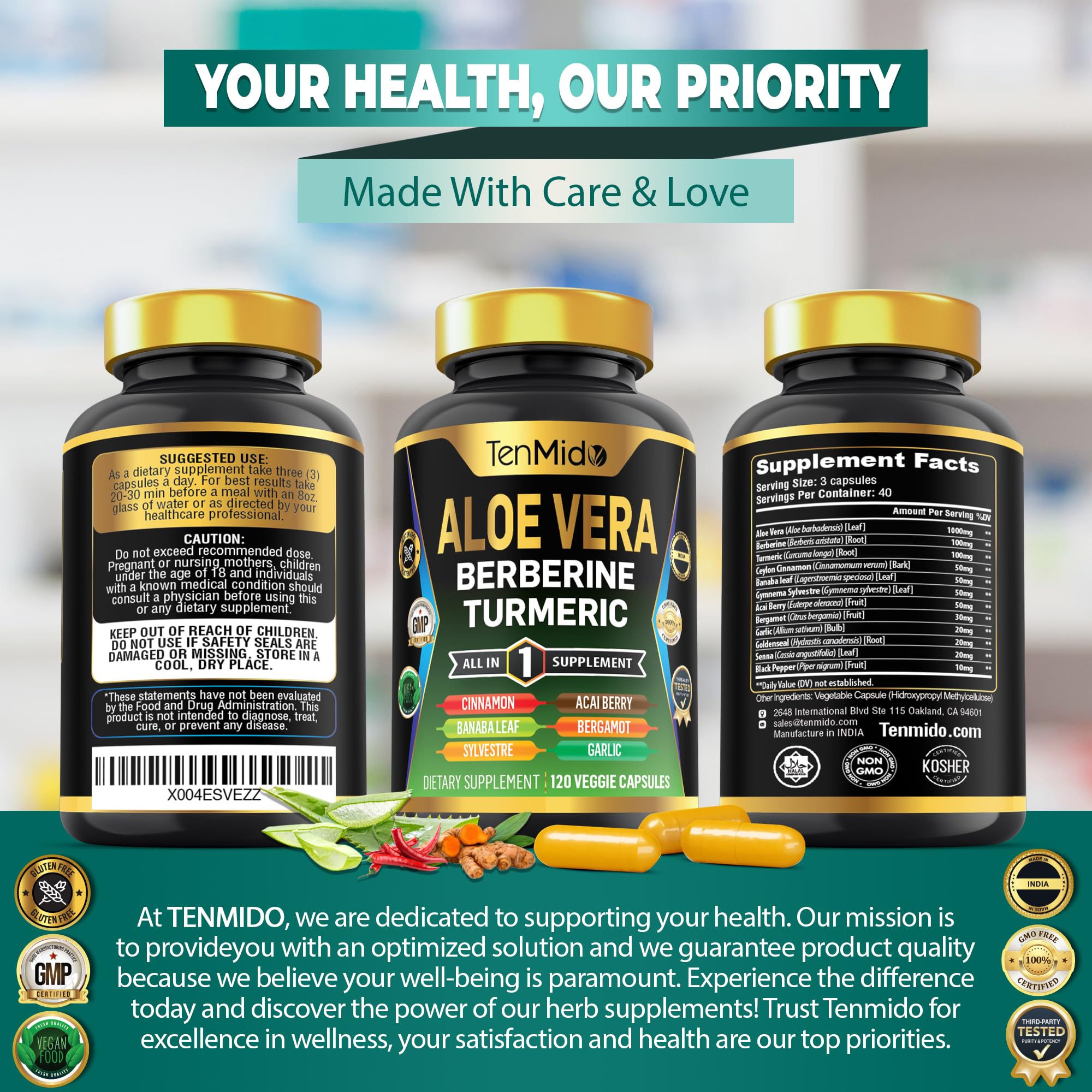 Tenmido Aloe Vera Supplement bottle with a green plant background