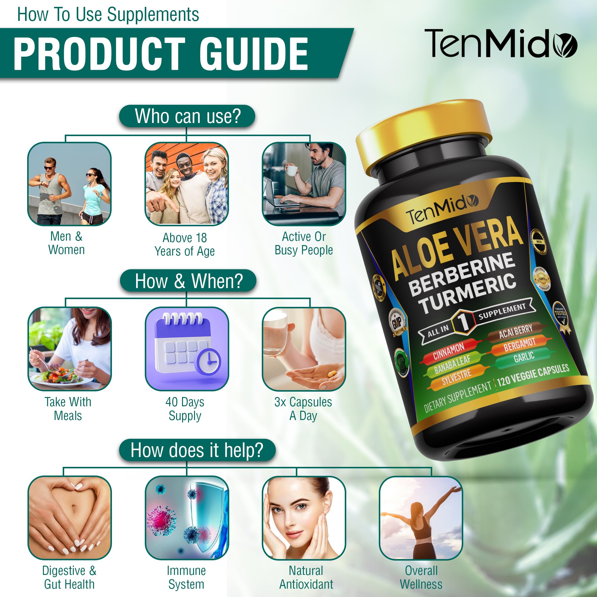 Tenmido Aloe Vera Supplement capsules in a hand