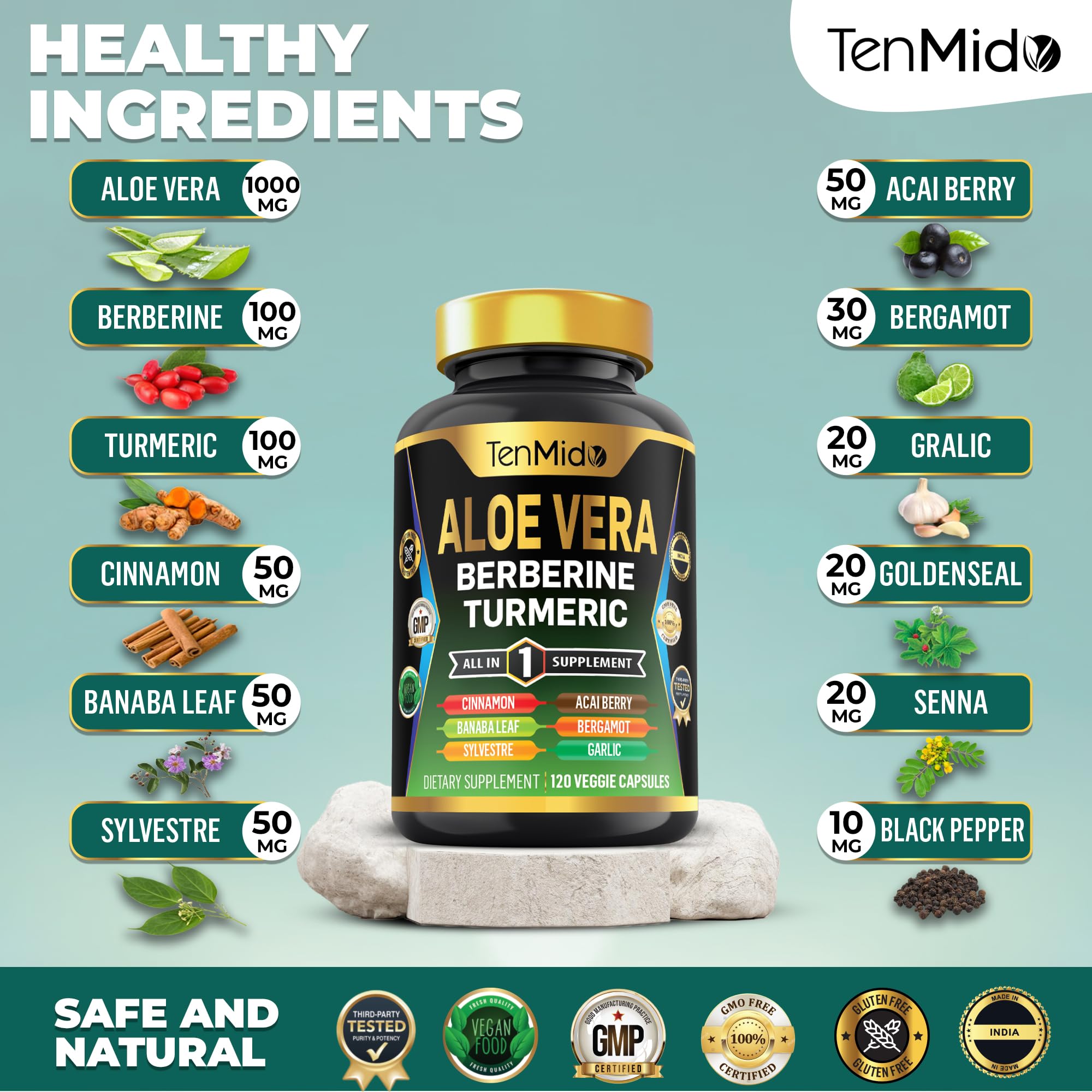 Tenmido Aloe Vera Supplement capsules on a wooden surface