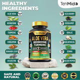 Tenmido Aloe Vera Supplement capsules on a wooden surface