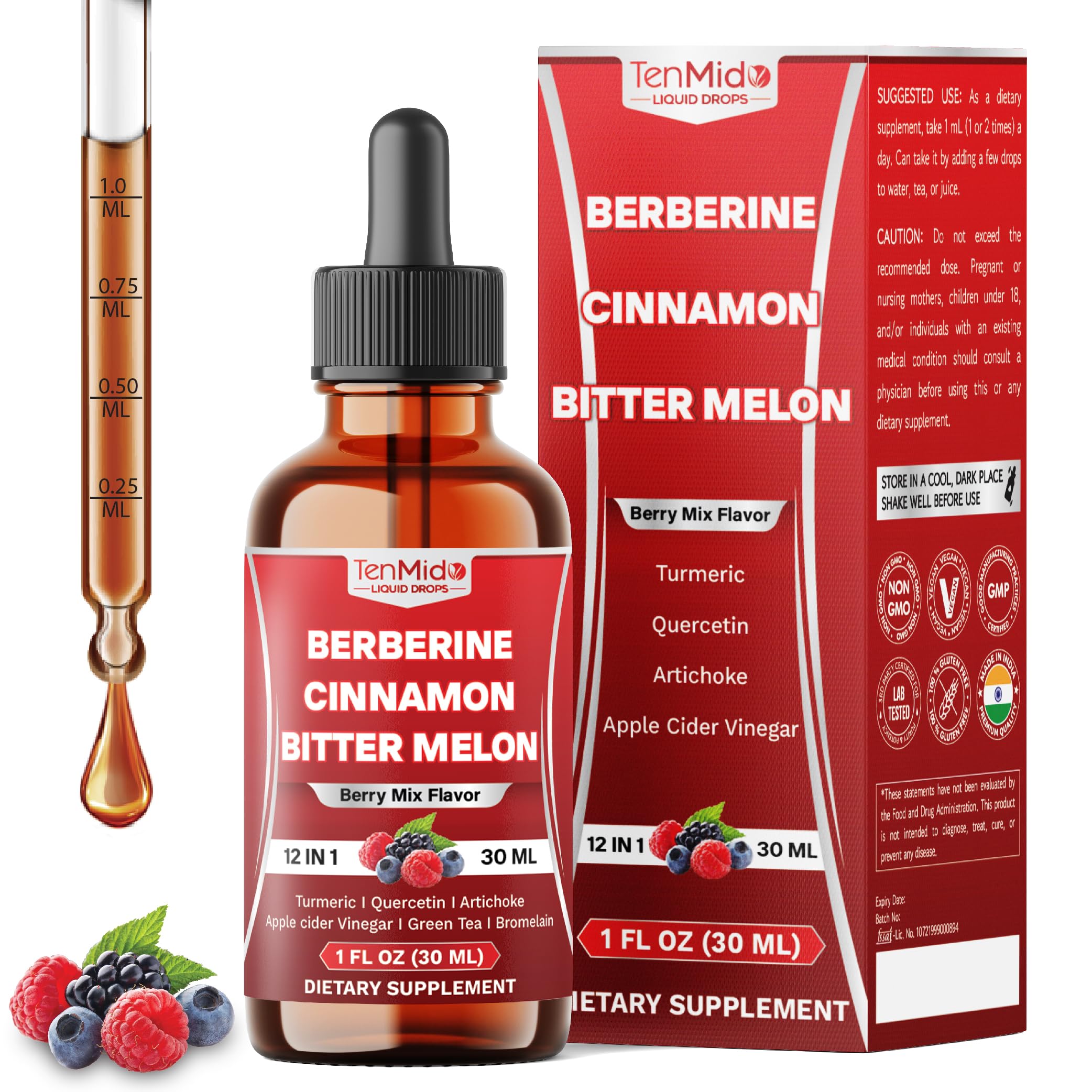 Tenmido Berberine Liquid Drops 30ml bottle front view