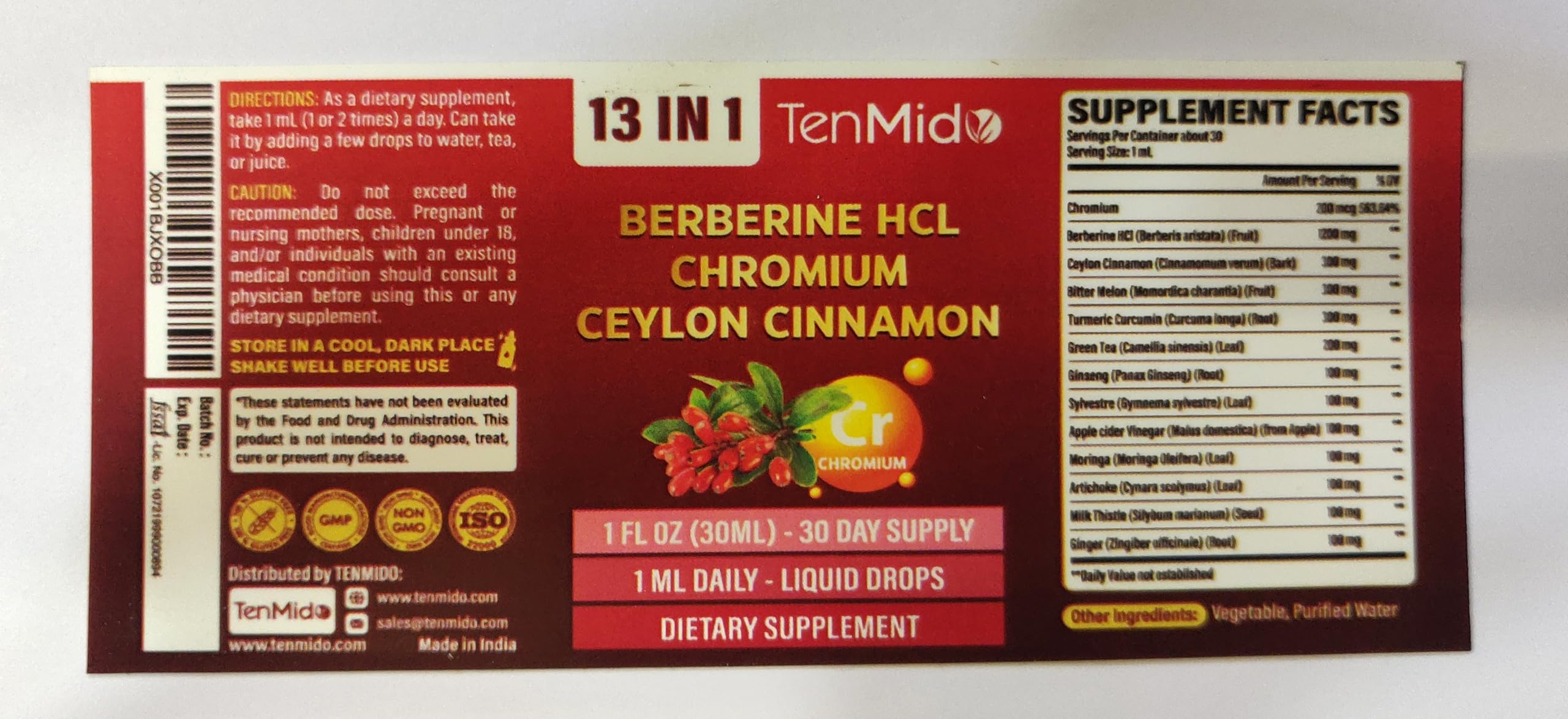 Tenmido Berberine Liquid Drops packaging side view