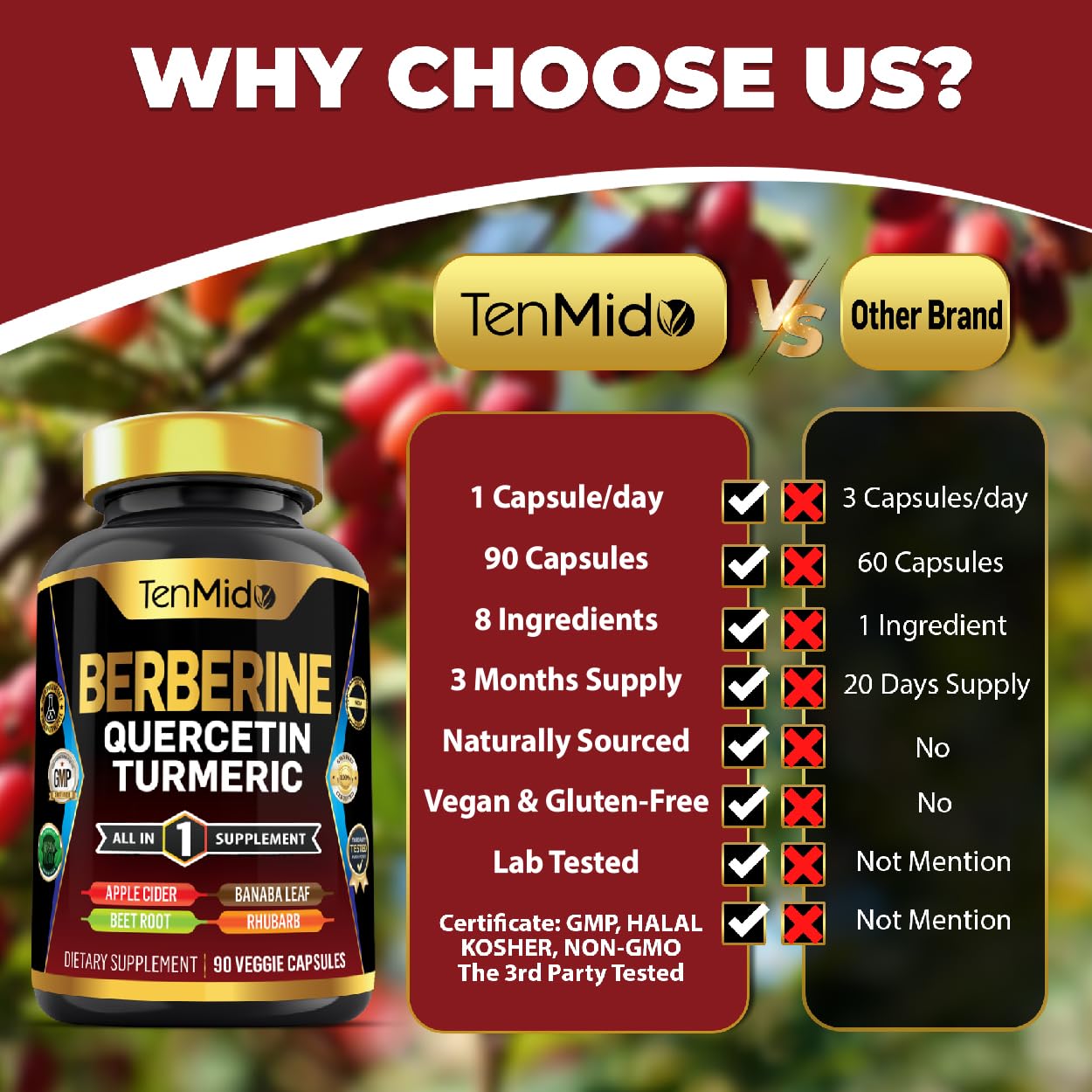 Tenmido Berberine Supplement bottle side view