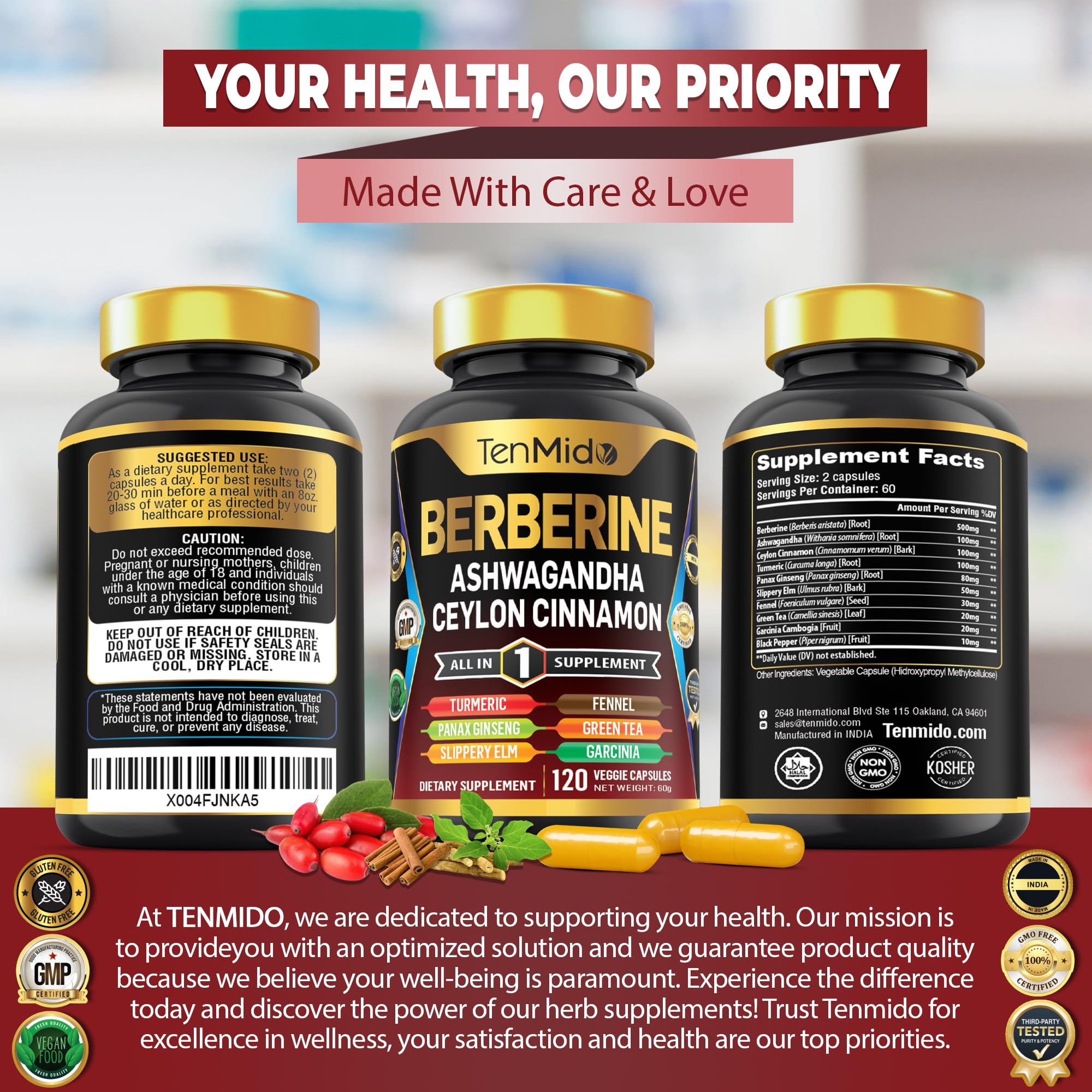 Tenmido Berberine Supplement capsules arranged on a wooden table