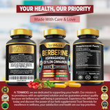 Tenmido Berberine Supplement capsules arranged on a wooden table