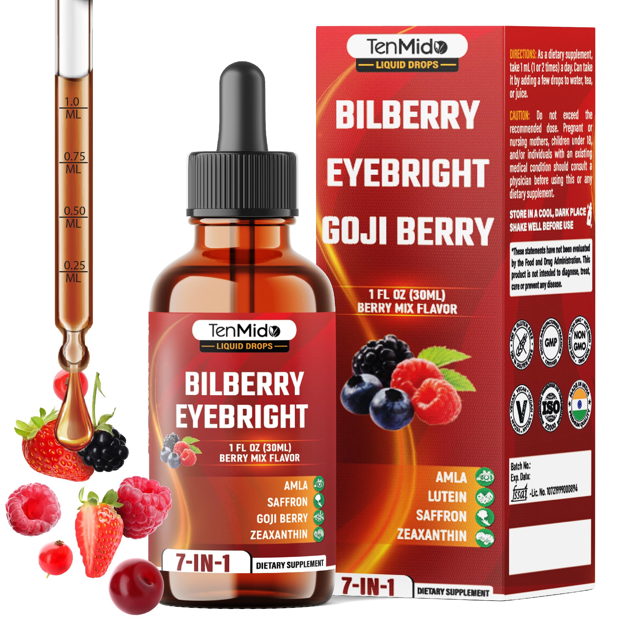 Tenmido Bilberry Extract Liquid 1200mg 30ml front view