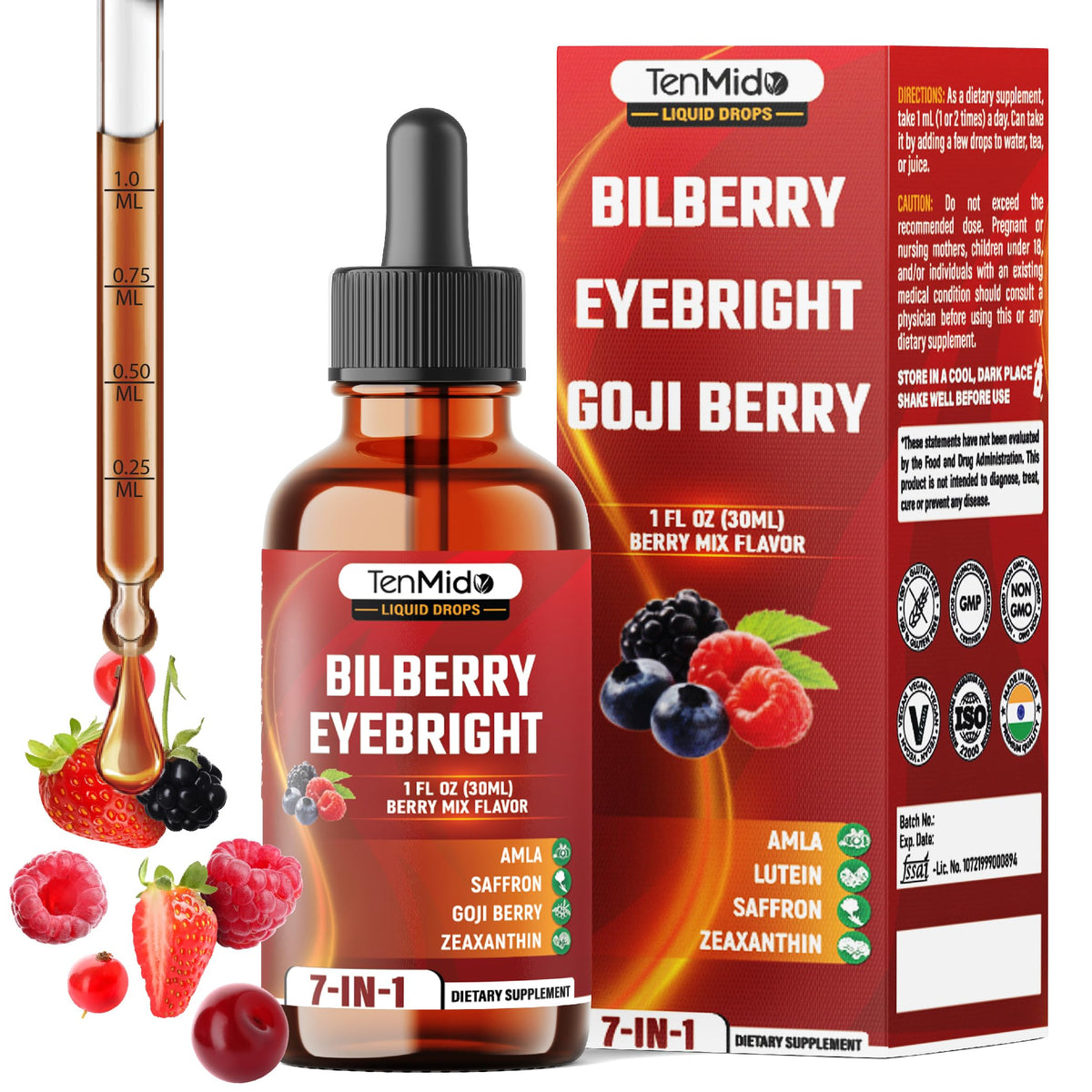 Tenmido Bilberry Extract Liquid 1200mg 30ml front view