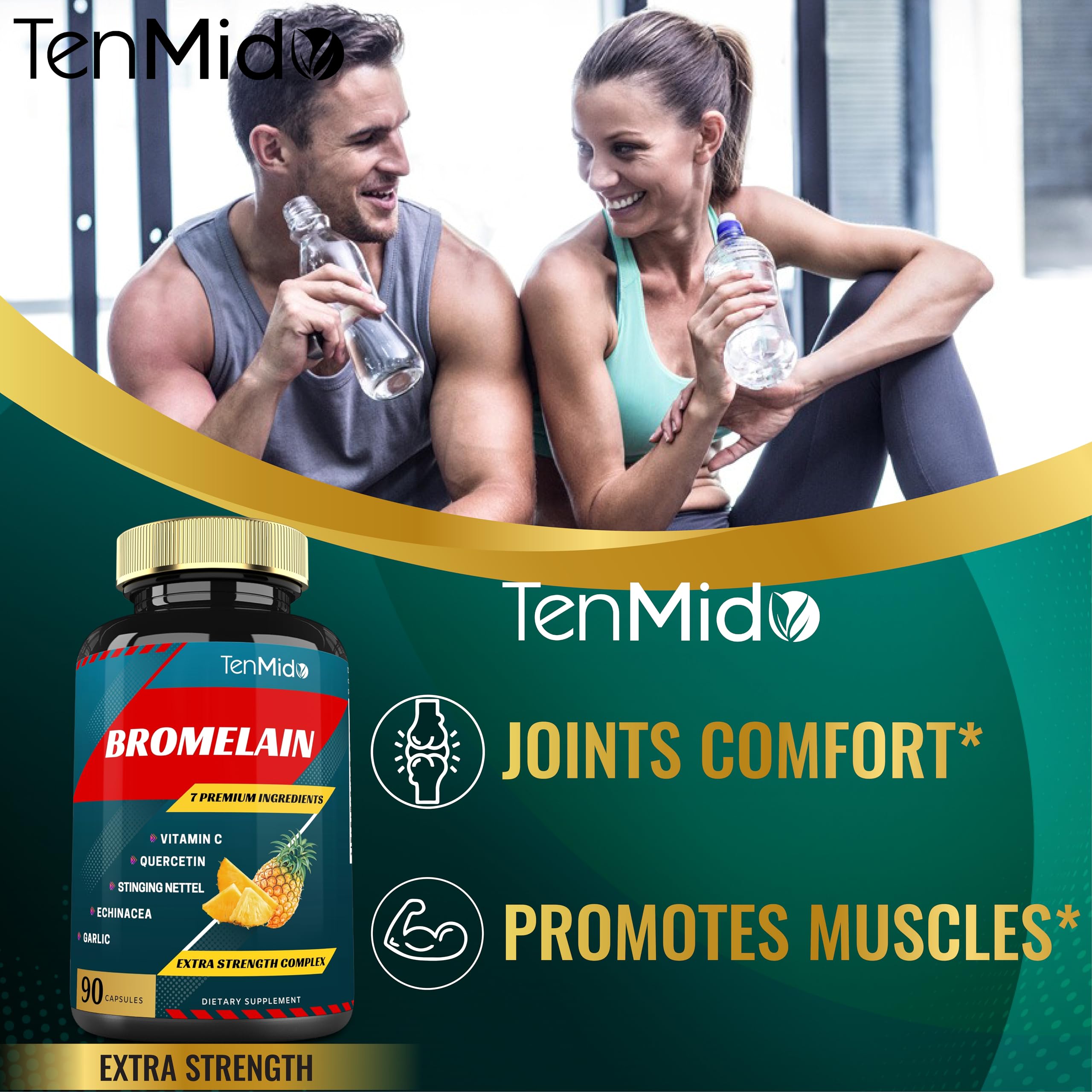 Tenmido Bromelain Supplement on a wooden table