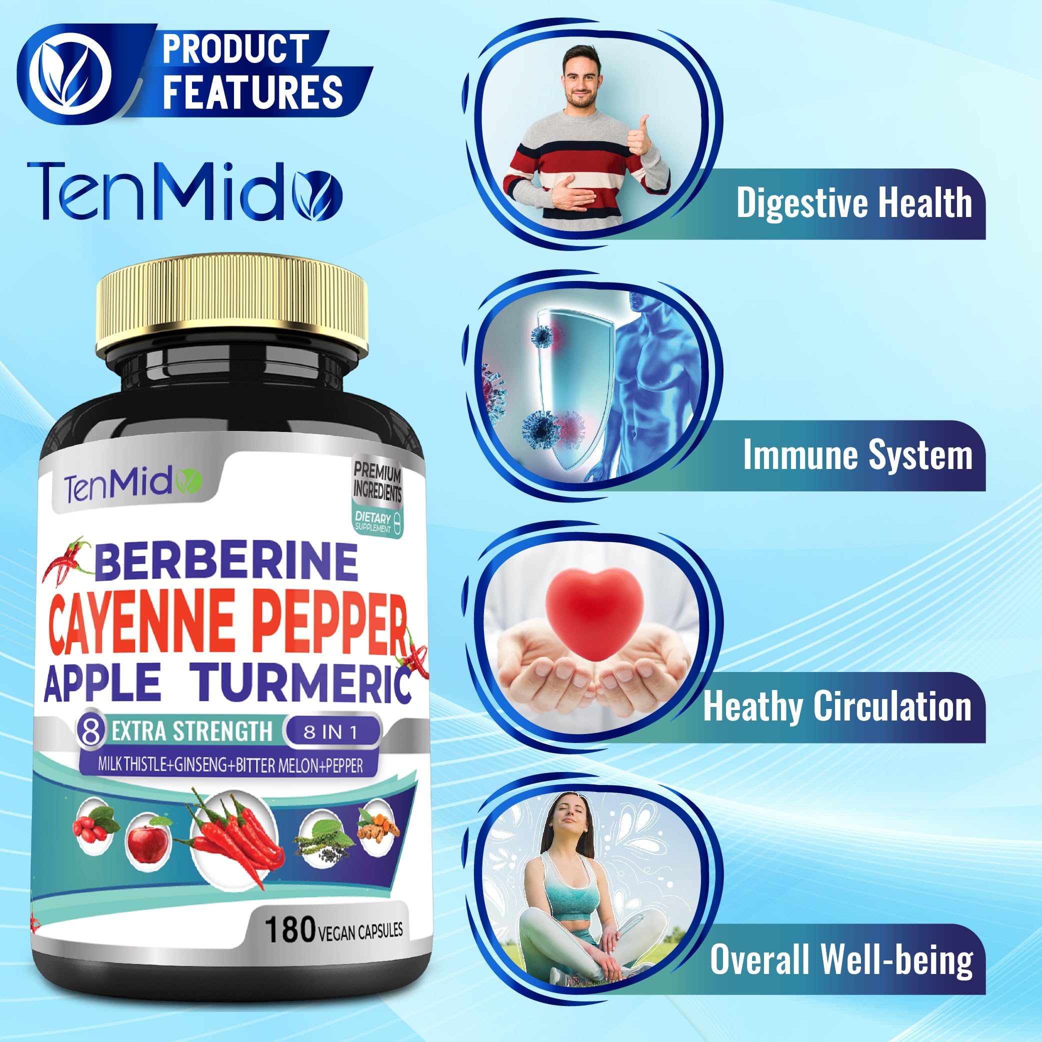 Tenmido Cayenne Extract Capsules bottle on a wooden table