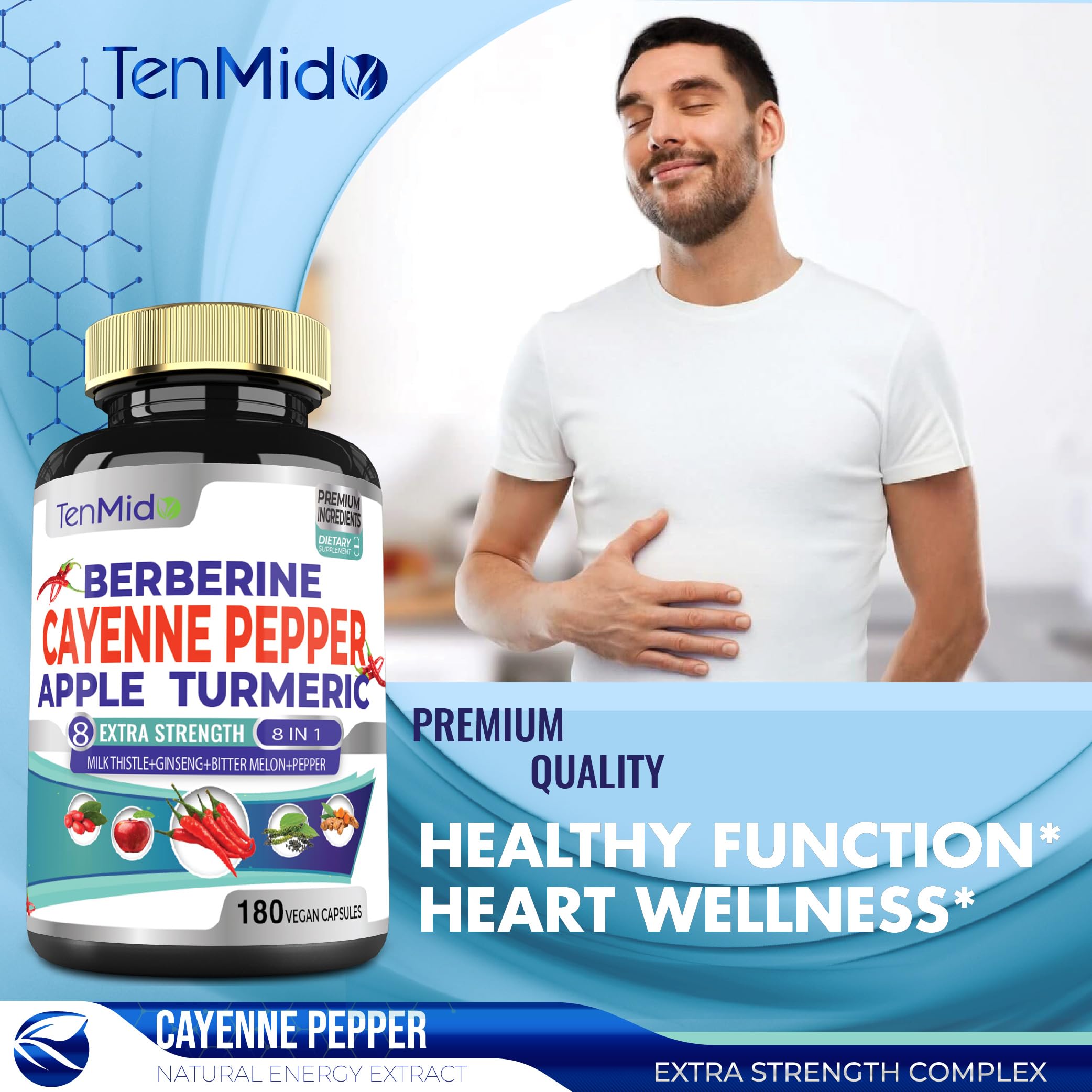 Tenmido Cayenne Extract Capsules displayed with a glass of water