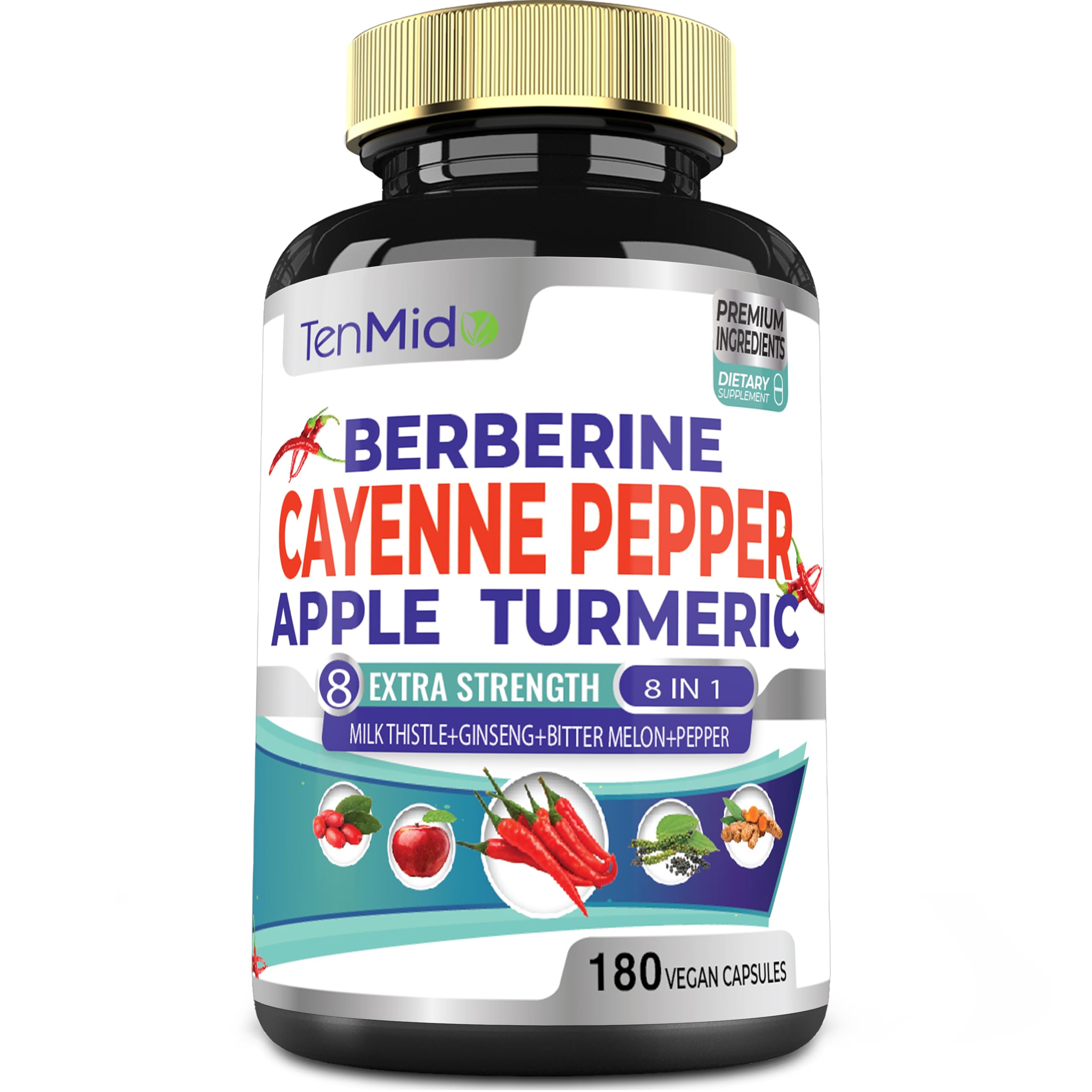 Tenmido Cayenne Extract Capsules front view with 180 count