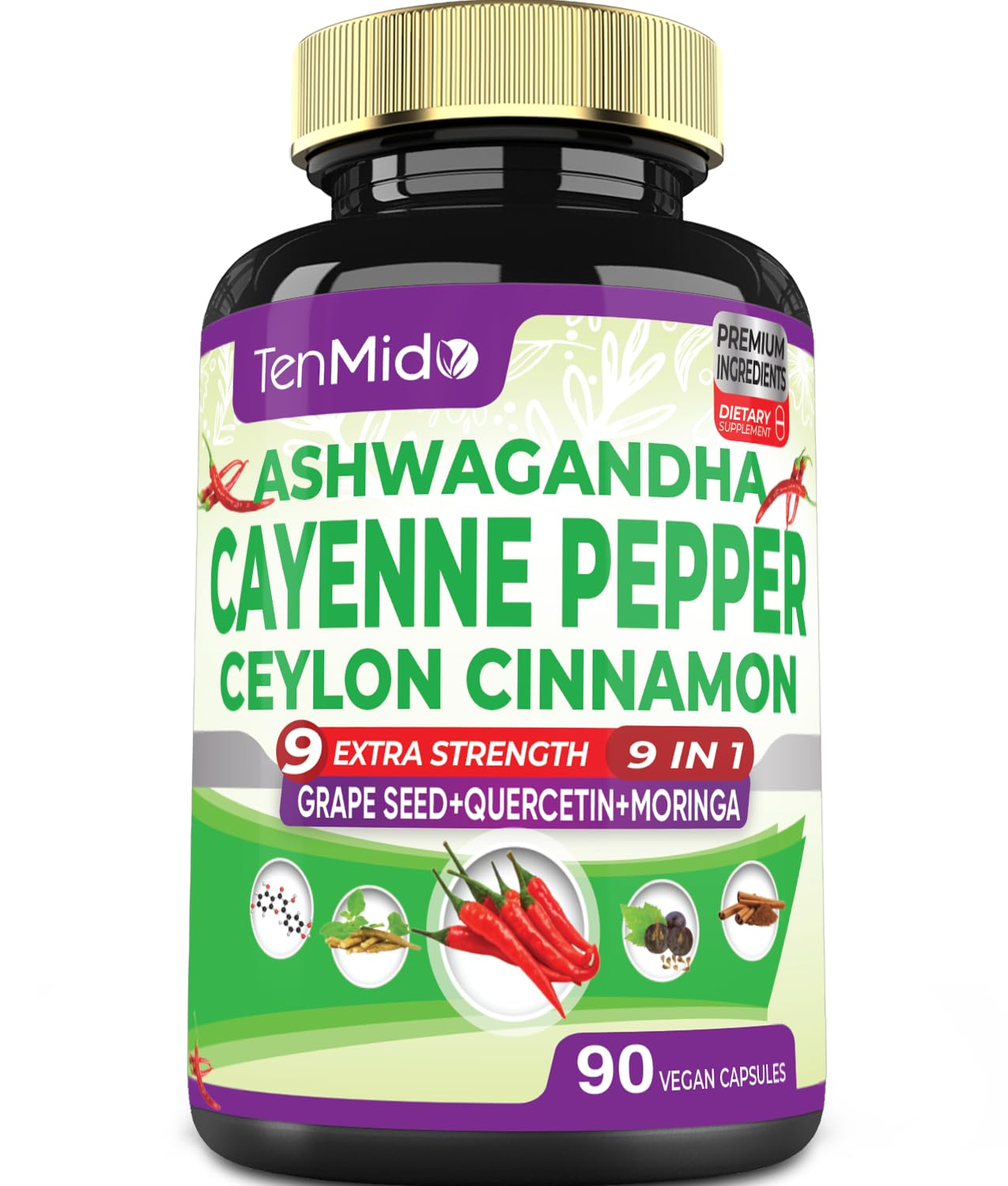 Tenmido Cayenne Extract Capsules front view with 90 count bottle