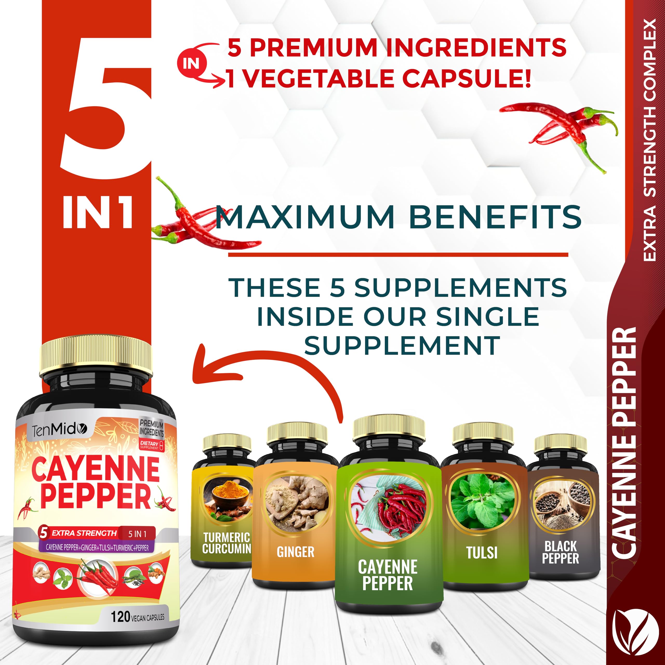 Tenmido Cayenne Extract Capsules side view showing ingredients