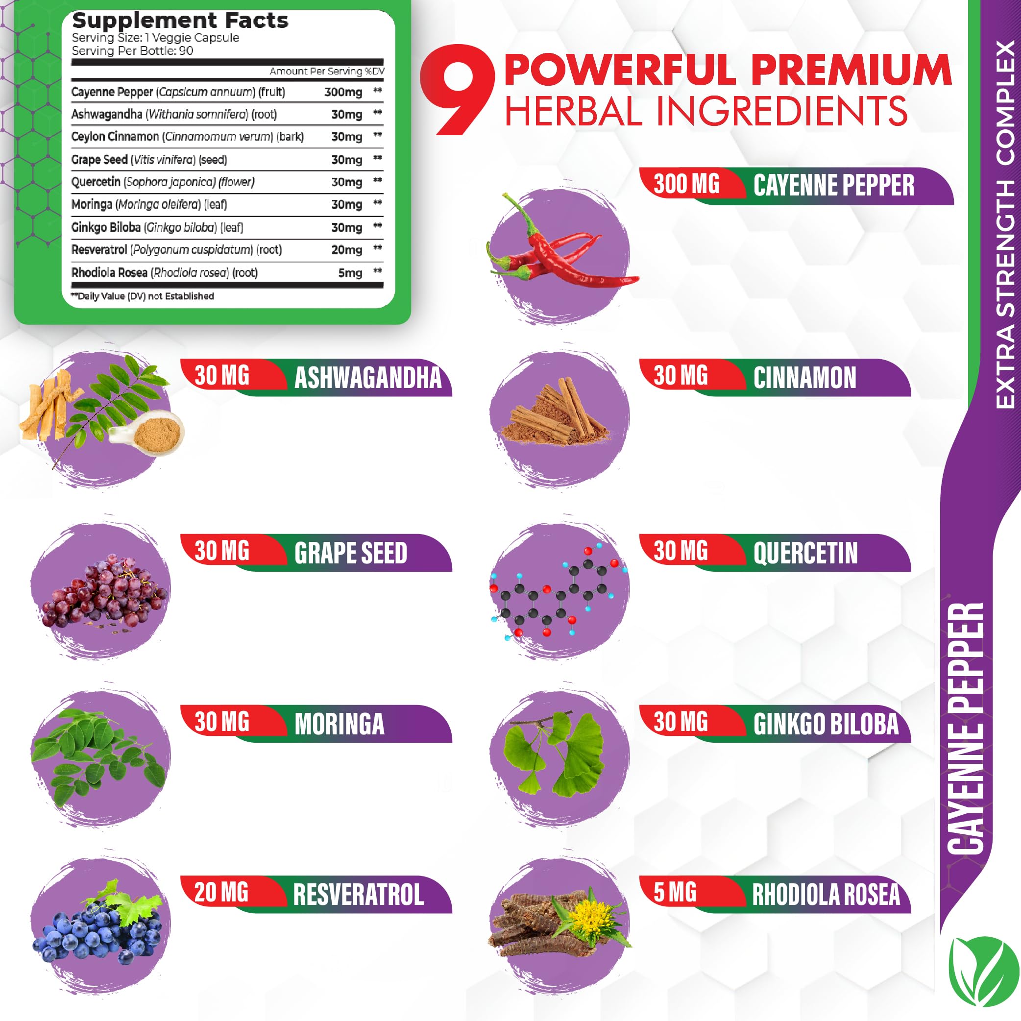 Tenmido Cayenne Extract Capsules side view with nutritional information
