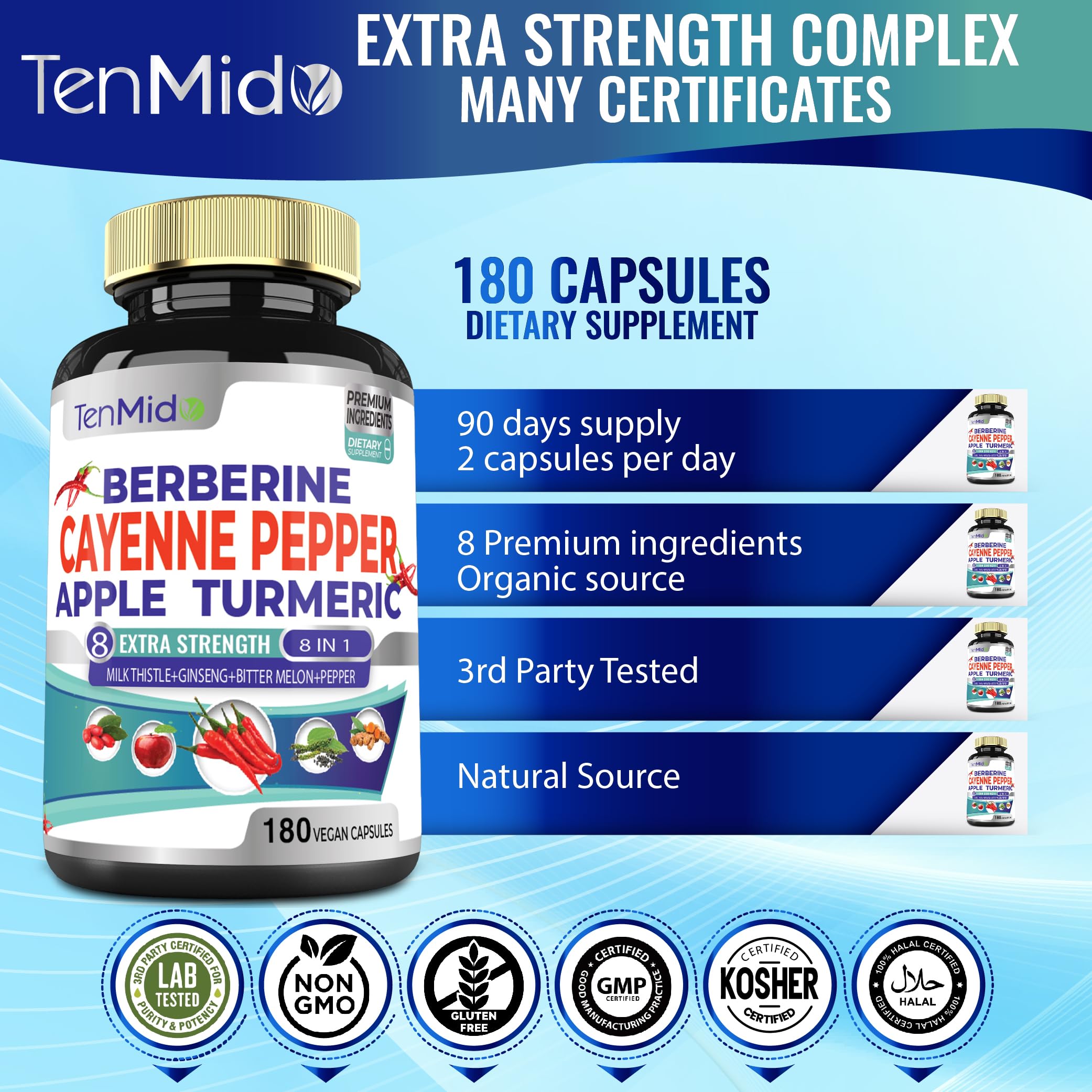 Tenmido Cayenne Extract Capsules with a background of herbs
