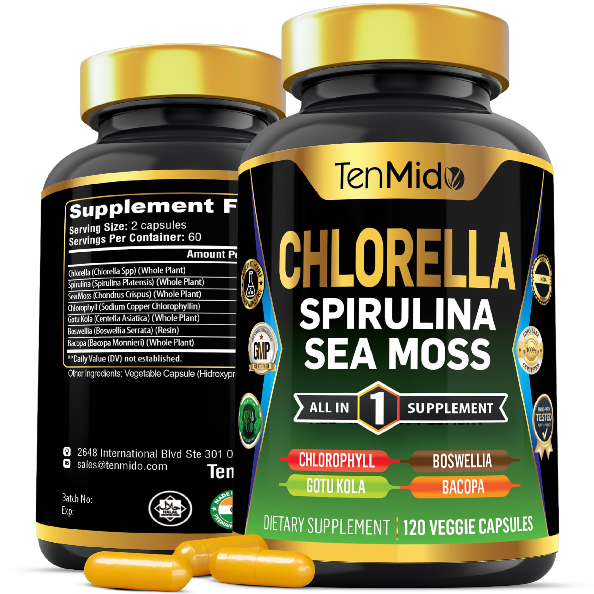 Tenmido Chlorella Supplement 120 capsules front view