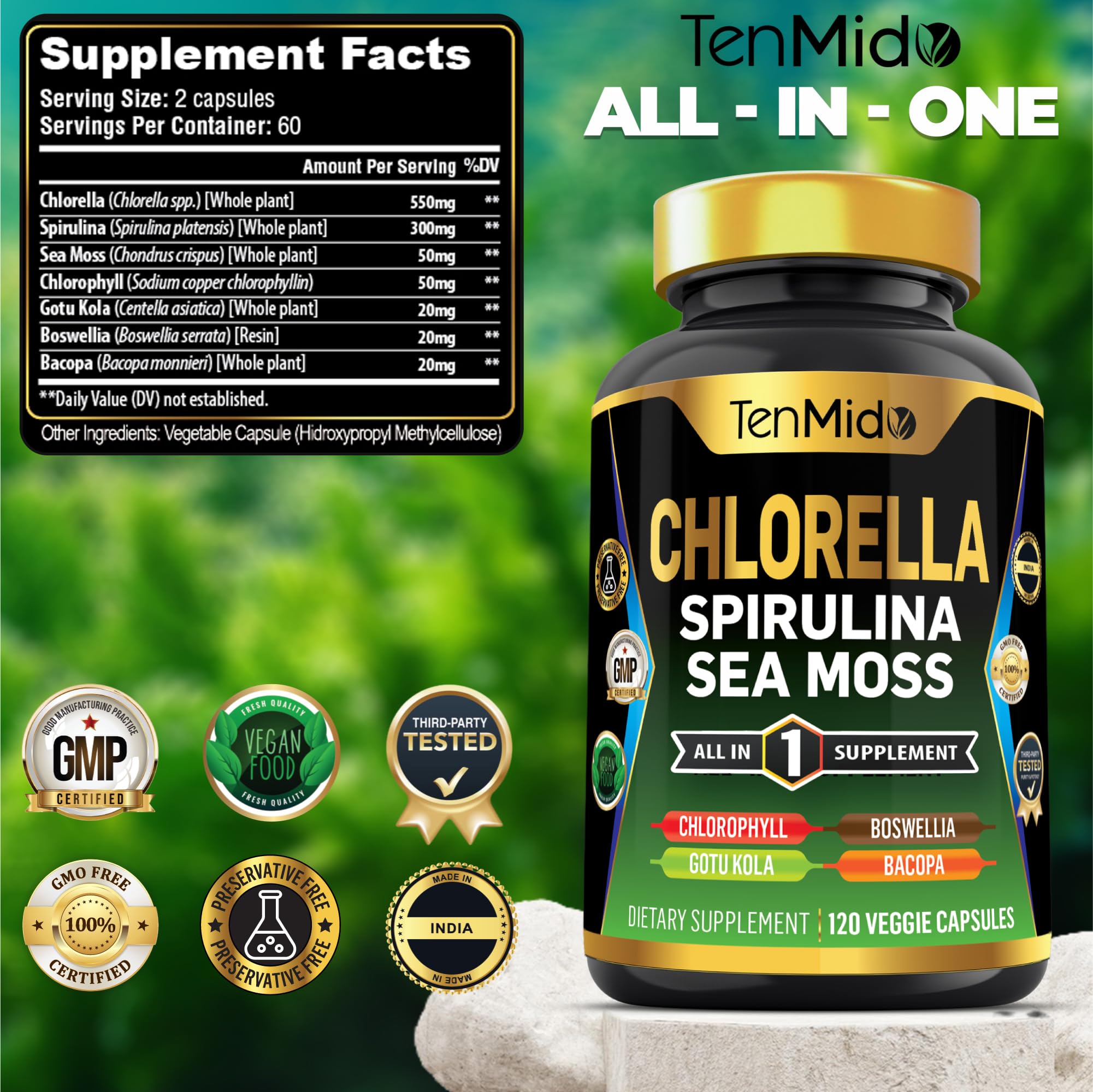 Tenmido Chlorella Supplement bottle side view