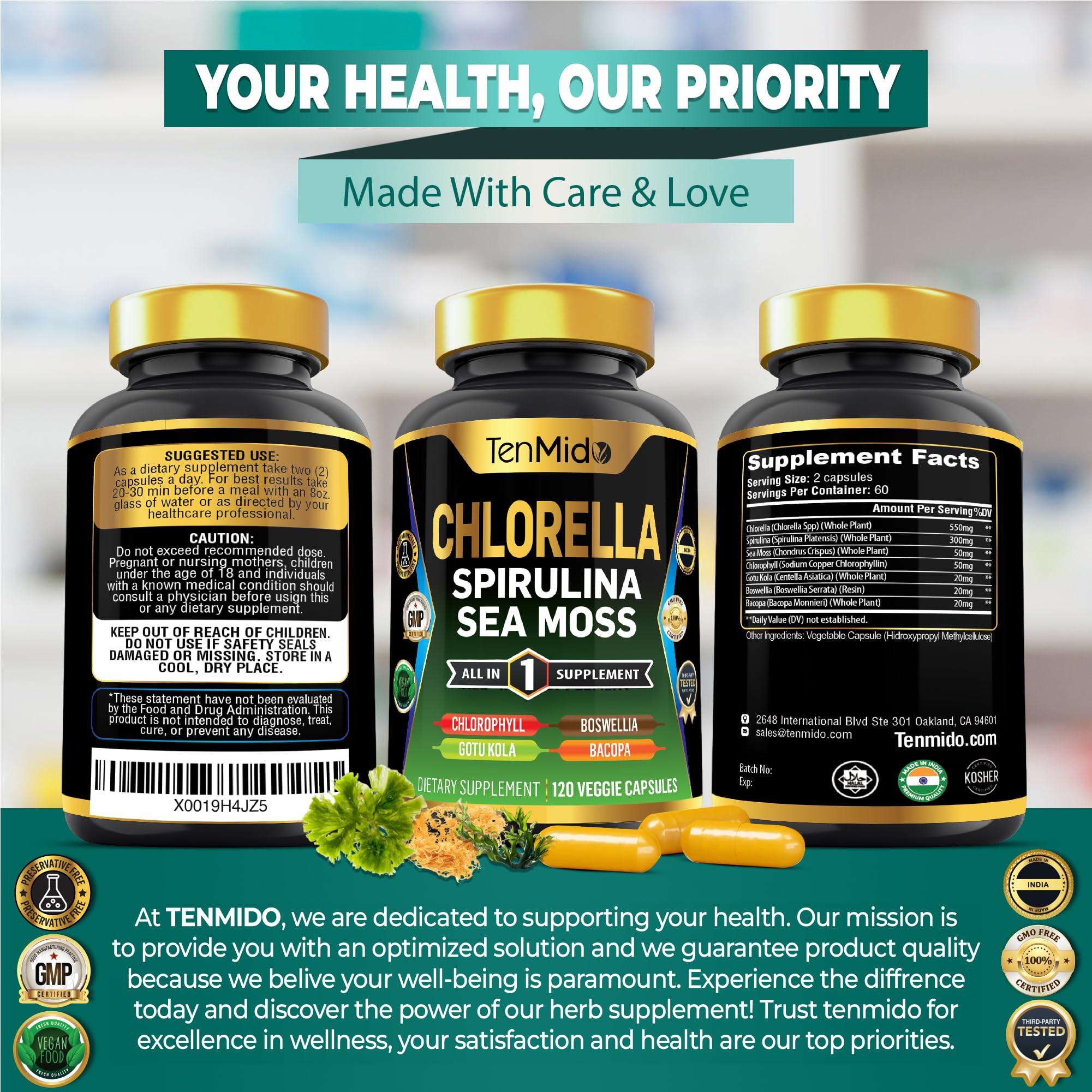 Tenmido Chlorella Supplement bottle with measuring spoon
