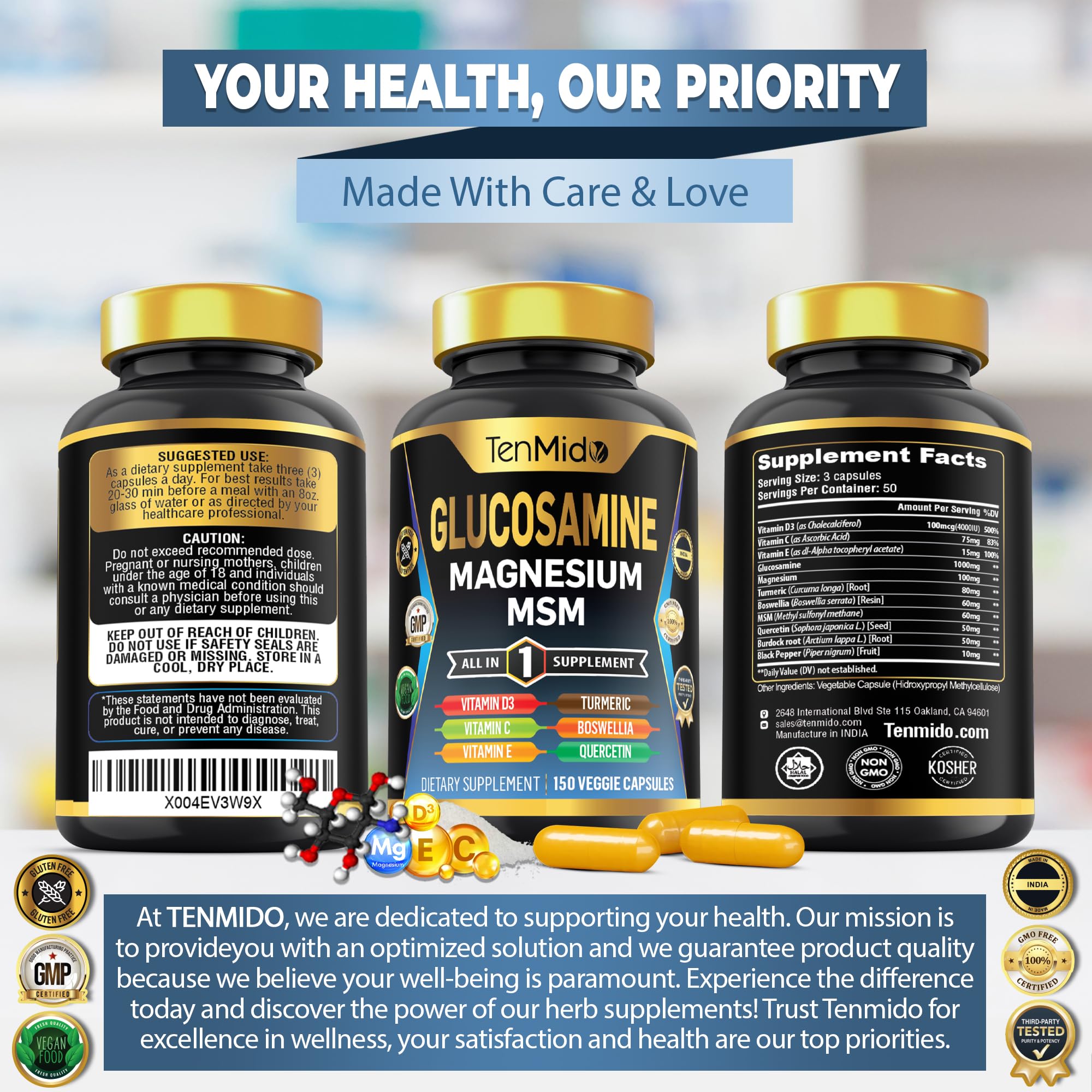 Tenmido Glucosamine Chondroitin supplement bottle with a glass of water