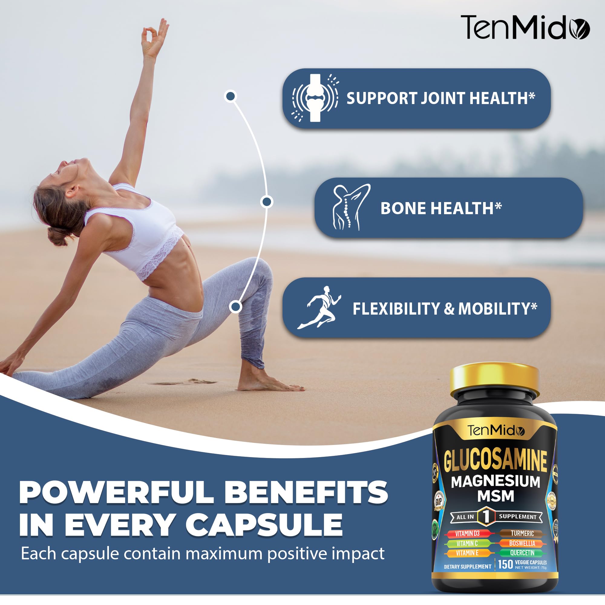 Tenmido Glucosamine Chondroitin supplement bottle with measuring scoop