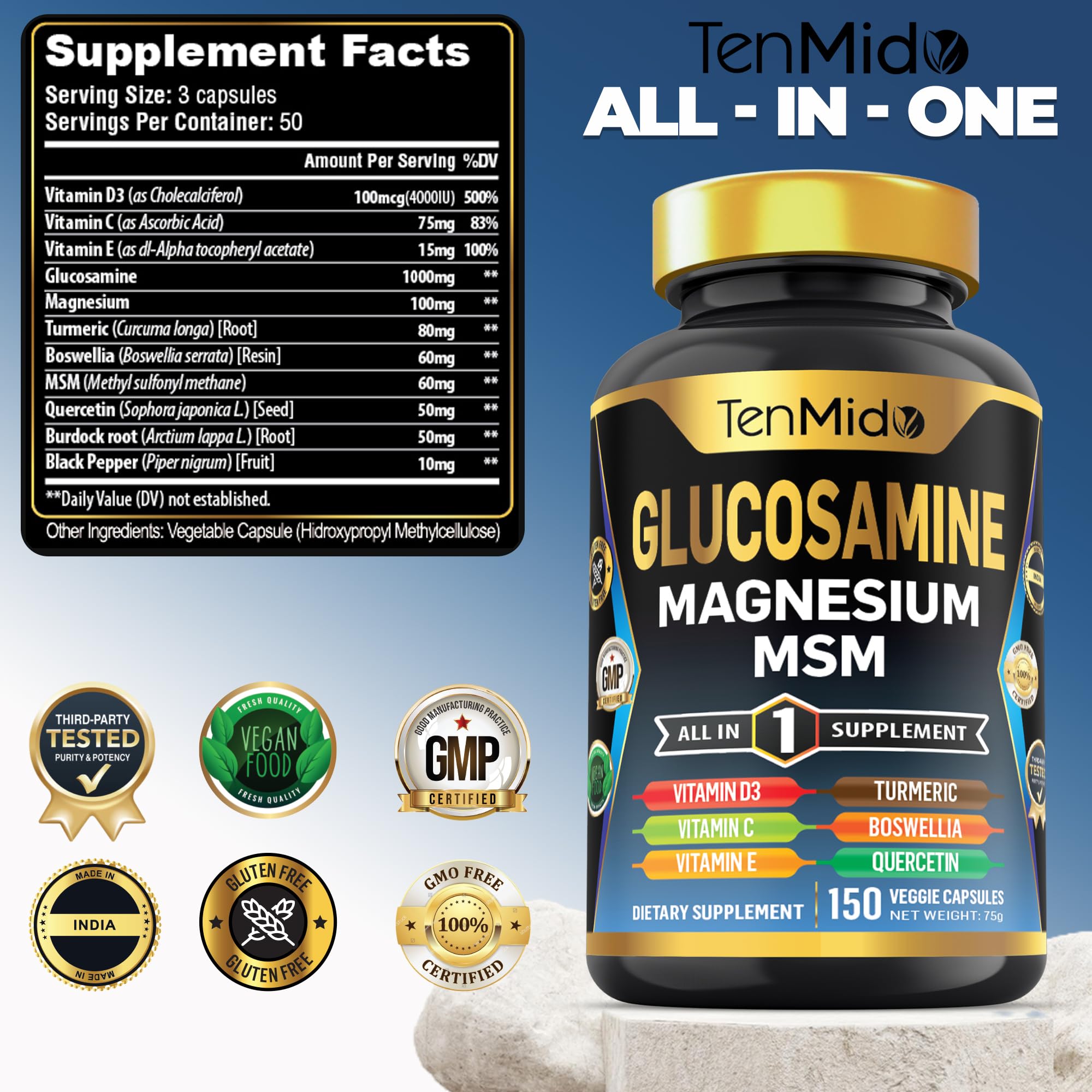 Tenmido Glucosamine Chondroitin supplement capsules close-up