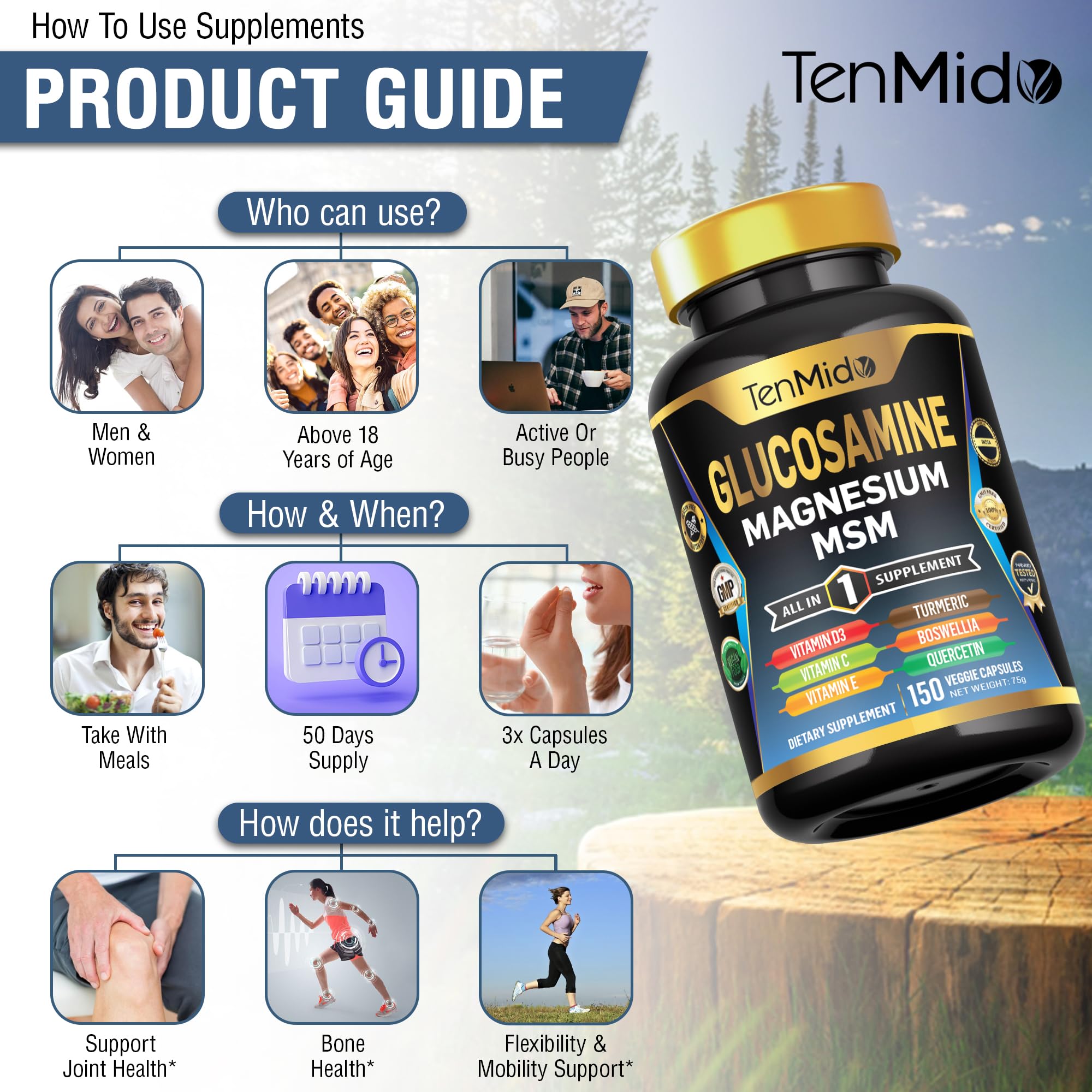 Tenmido Glucosamine Chondroitin supplement on a wooden table