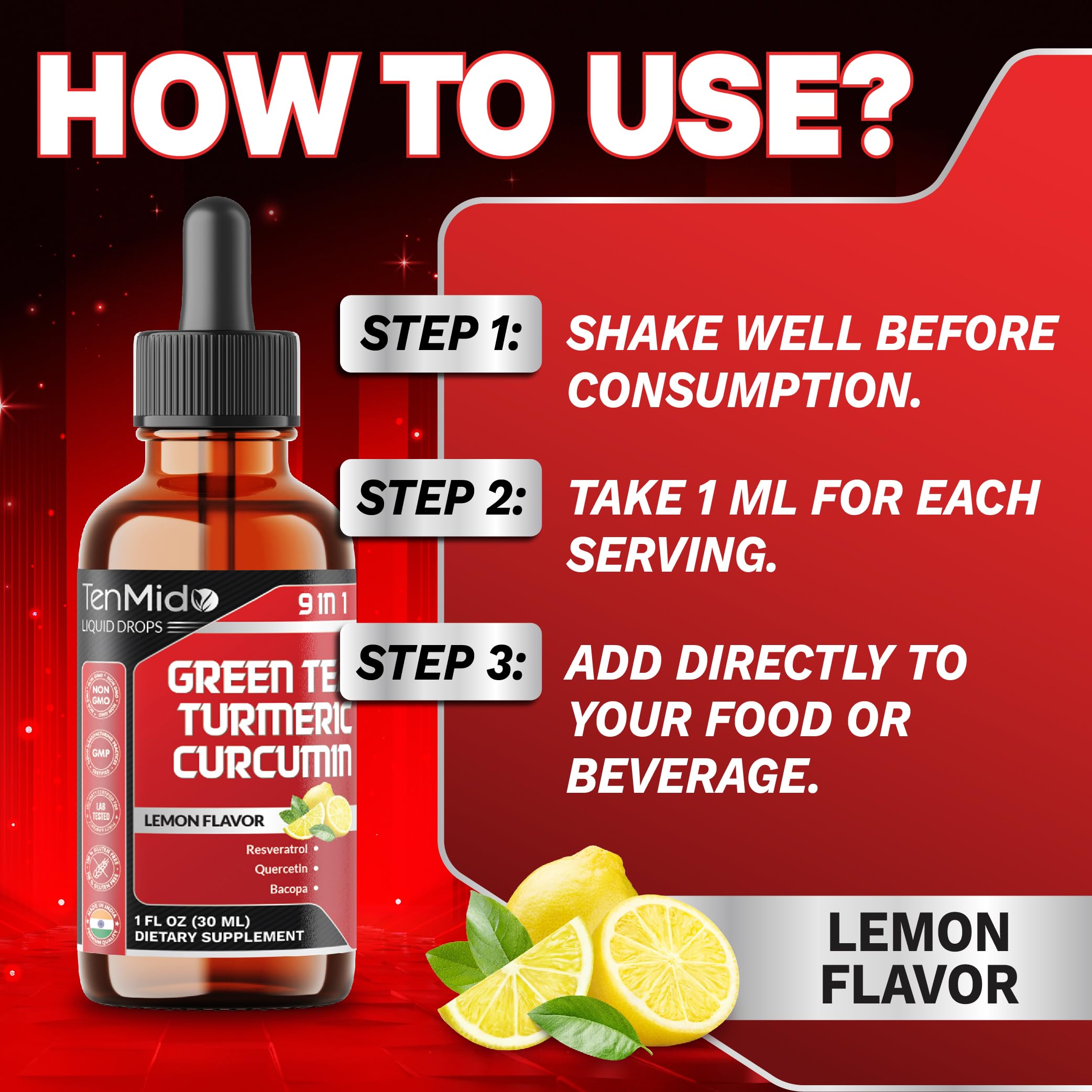 Tenmido Green Tea Extract Liquid Drops being poured into a spoon