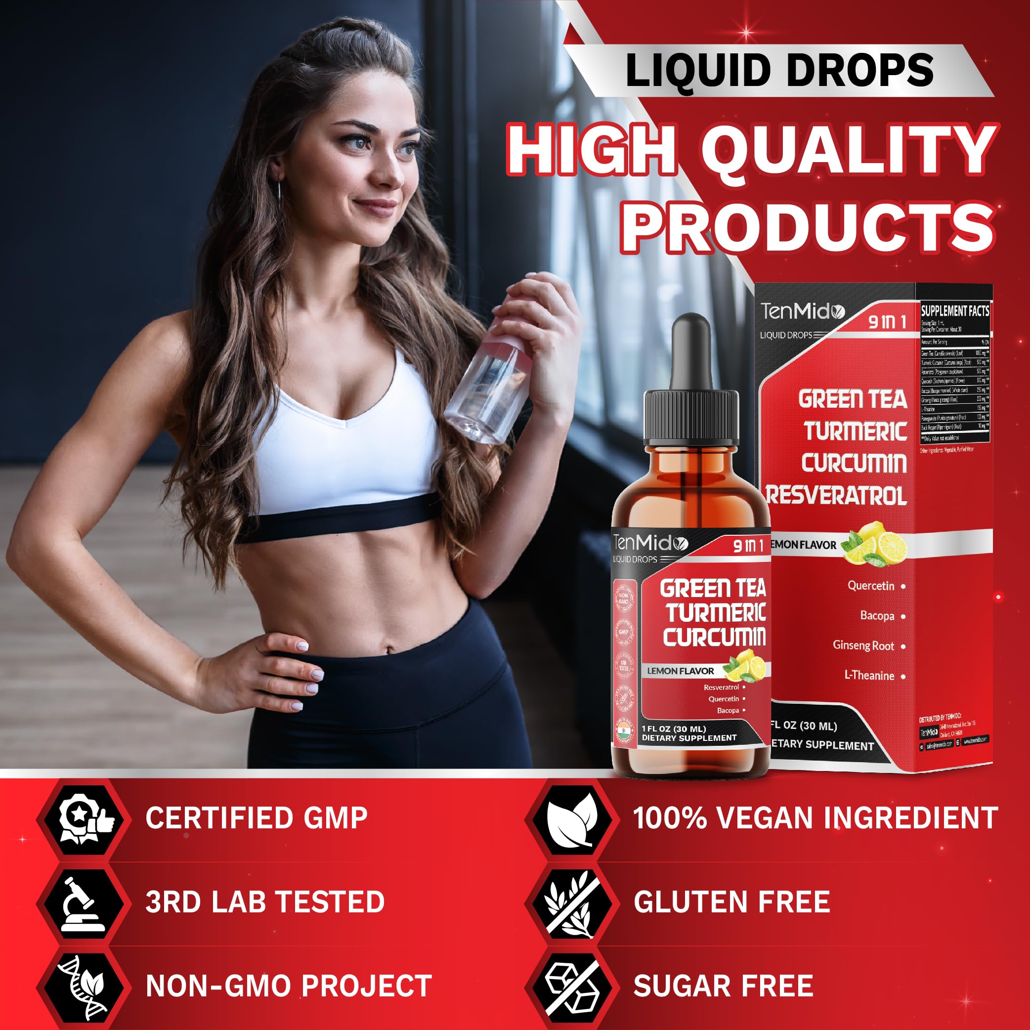 Tenmido Green Tea Extract Liquid Drops displayed with a measuring spoon