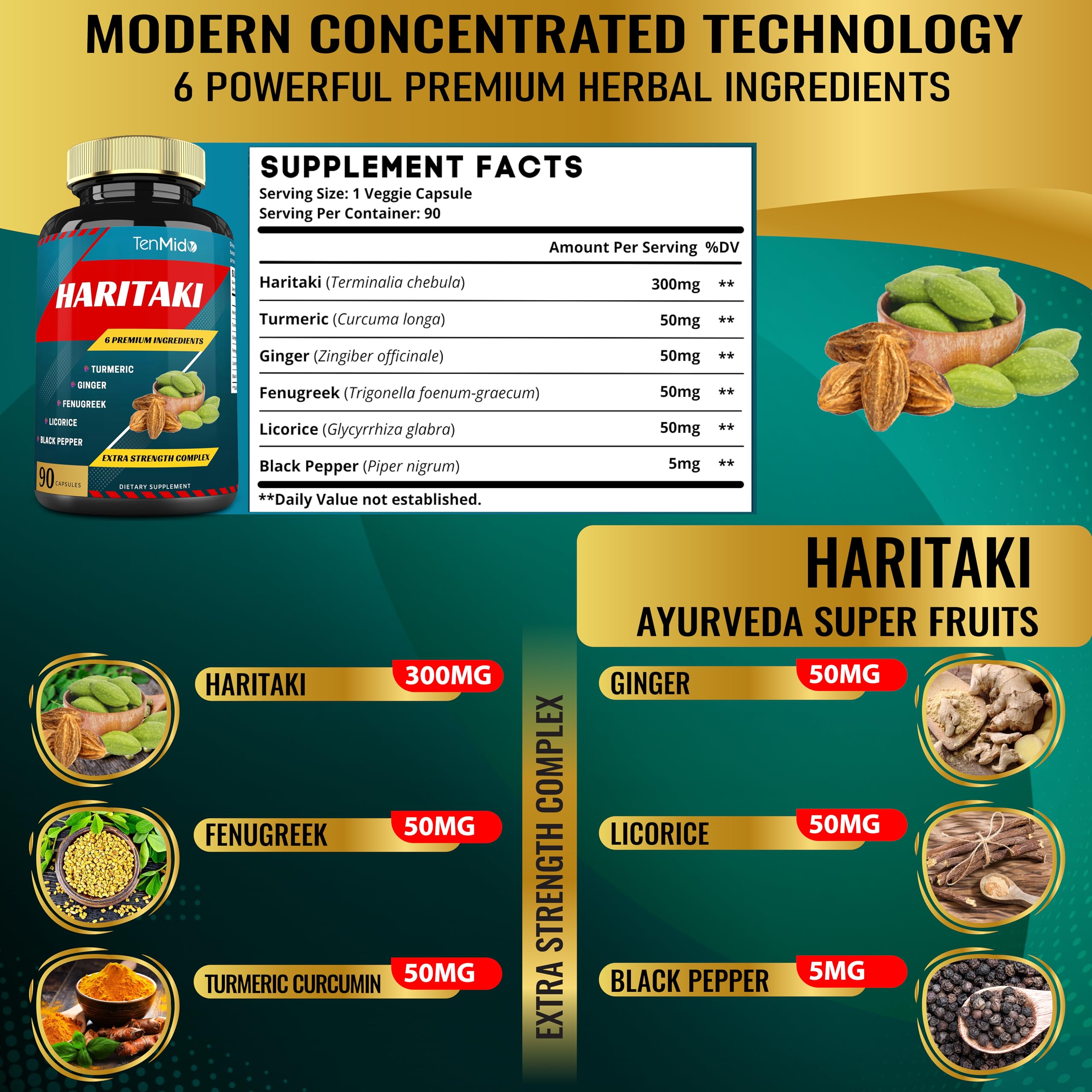 Tenmido Haritaki Extract Capsules bottle side view
