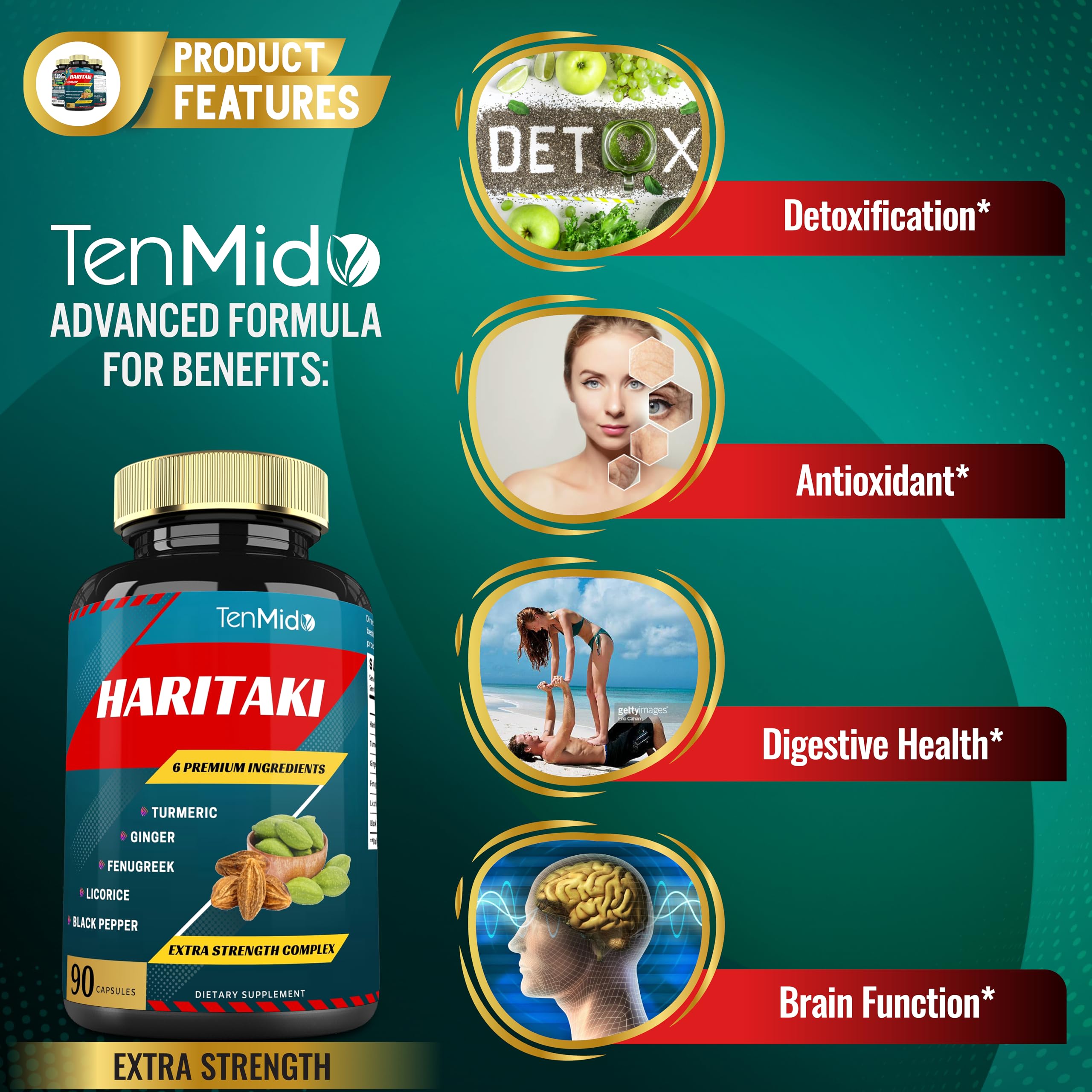 Tenmido Haritaki Extract Capsules on a wooden table
