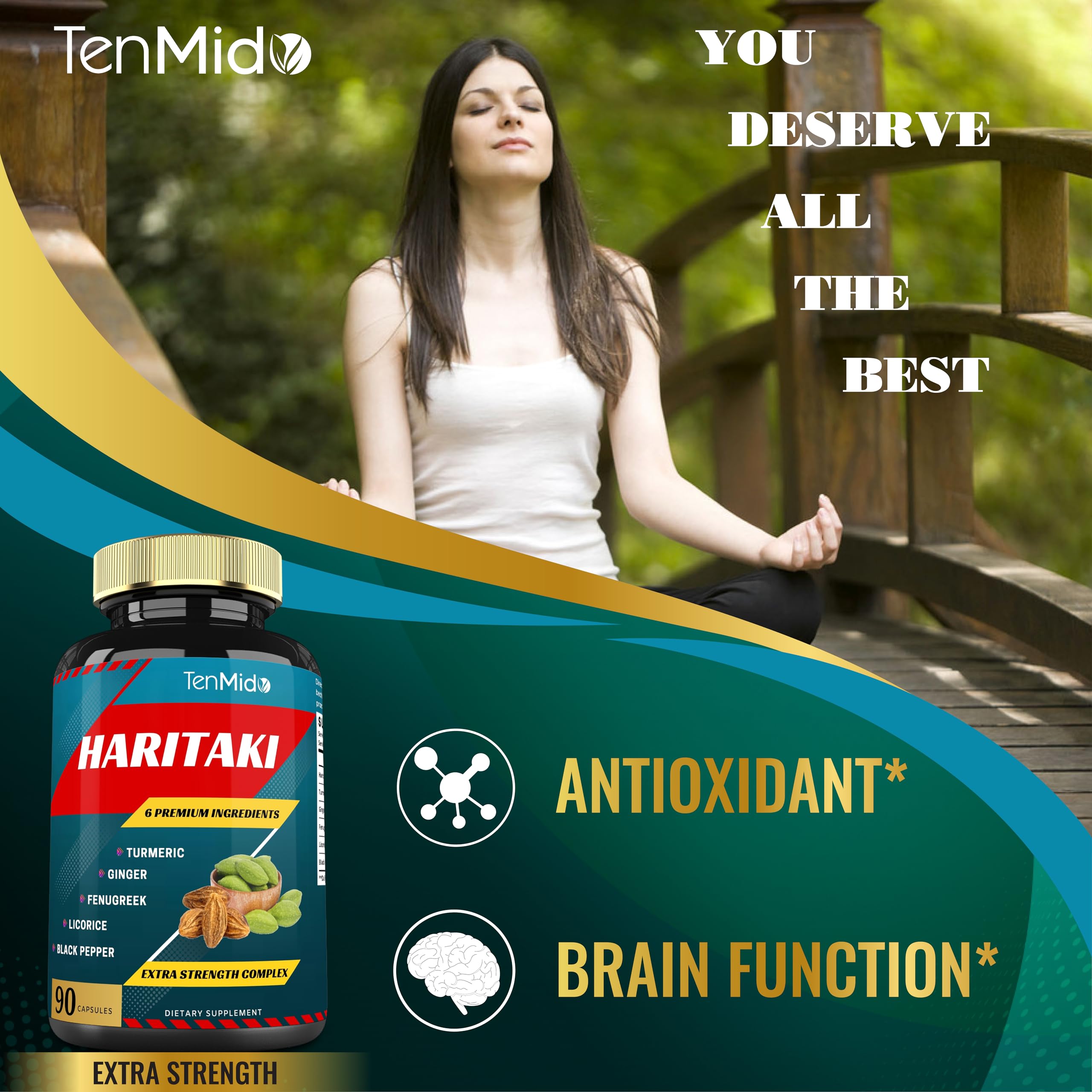 Tenmido Haritaki Extract Capsules with a glass of water