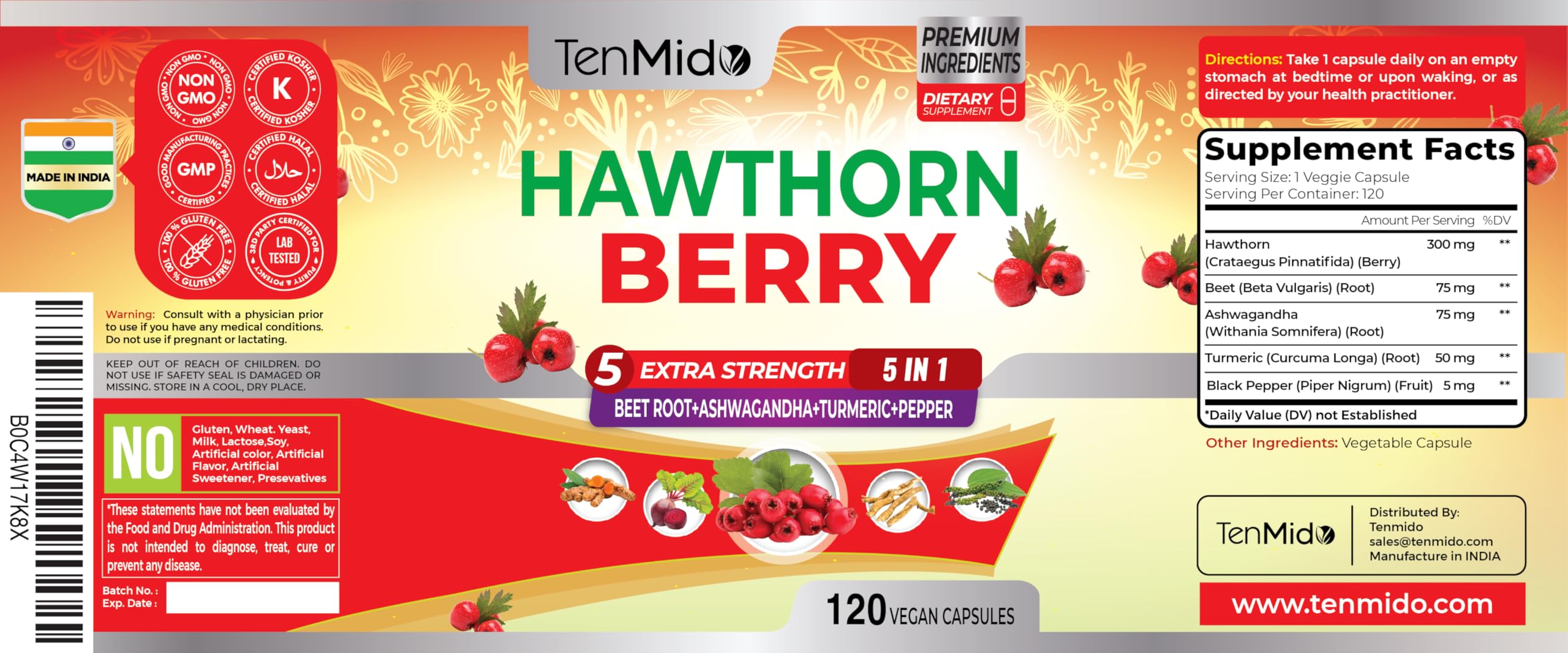 Tenmido Hawthorn Berry Extract Supplement capsules on a wooden surface