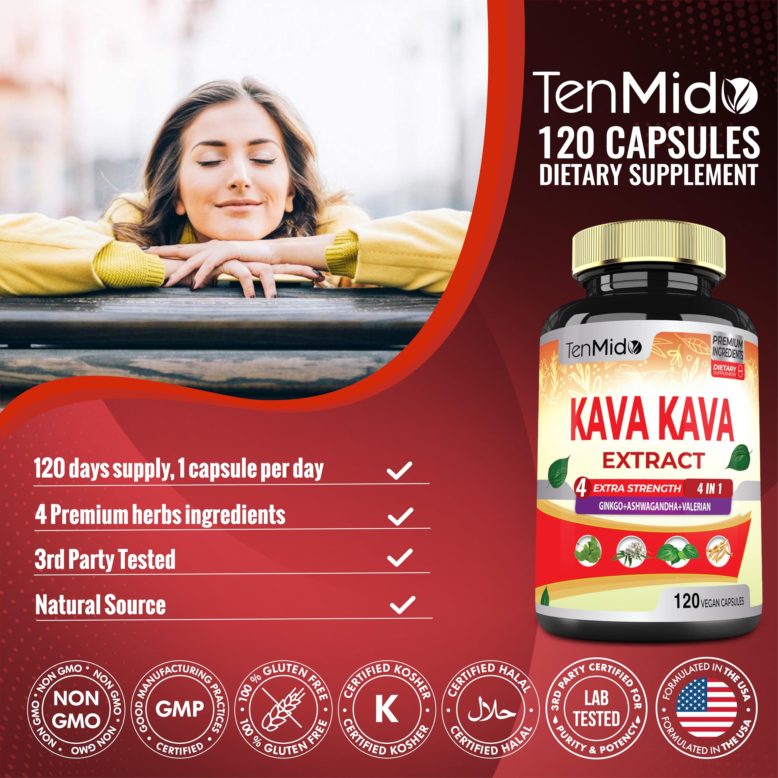 Tenmido Kava Kava Extract Capsules bottle with a green plant background