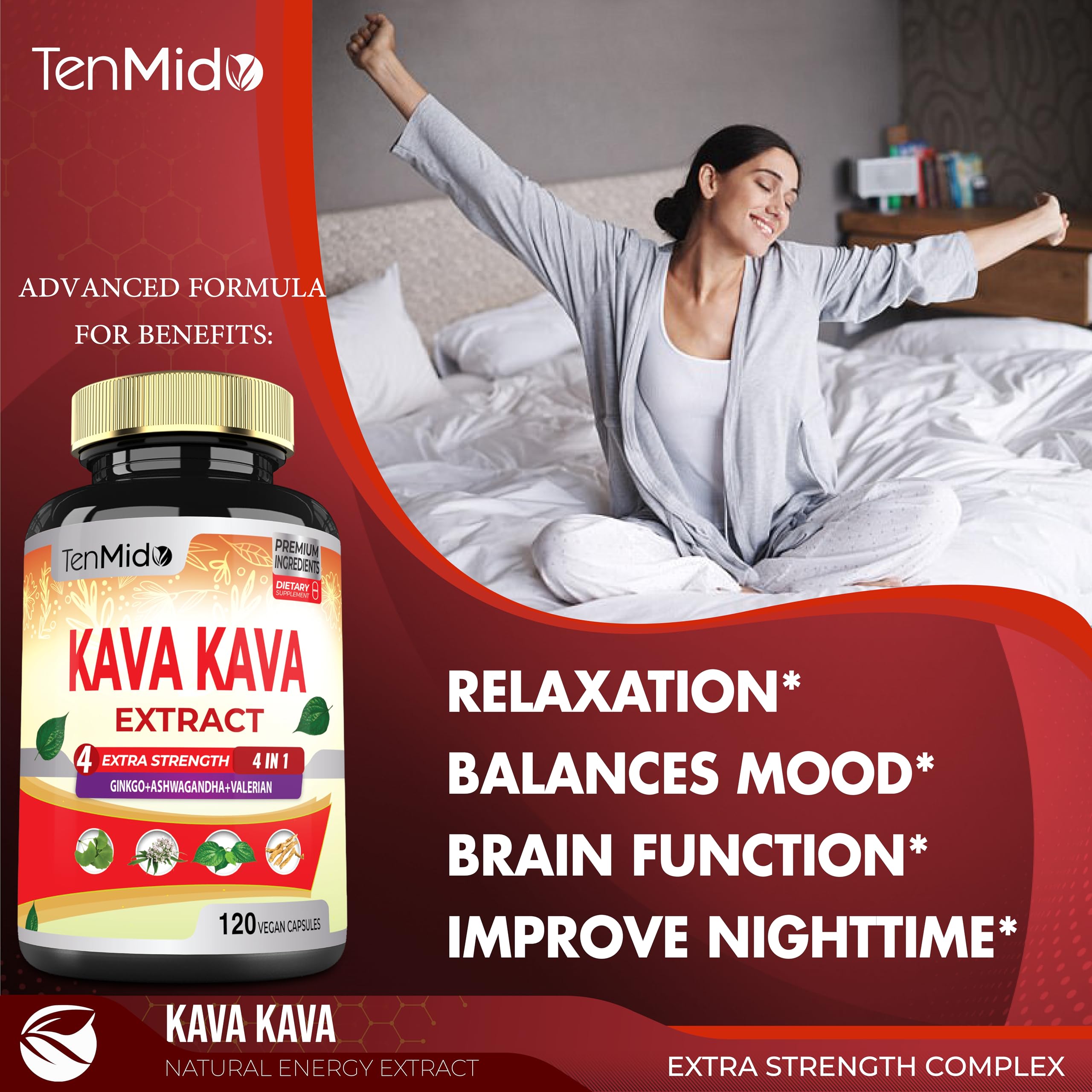 Tenmido Kava Kava Extract Capsules displayed with a measuring spoon