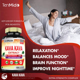 Tenmido Kava Kava Extract Capsules displayed with a measuring spoon