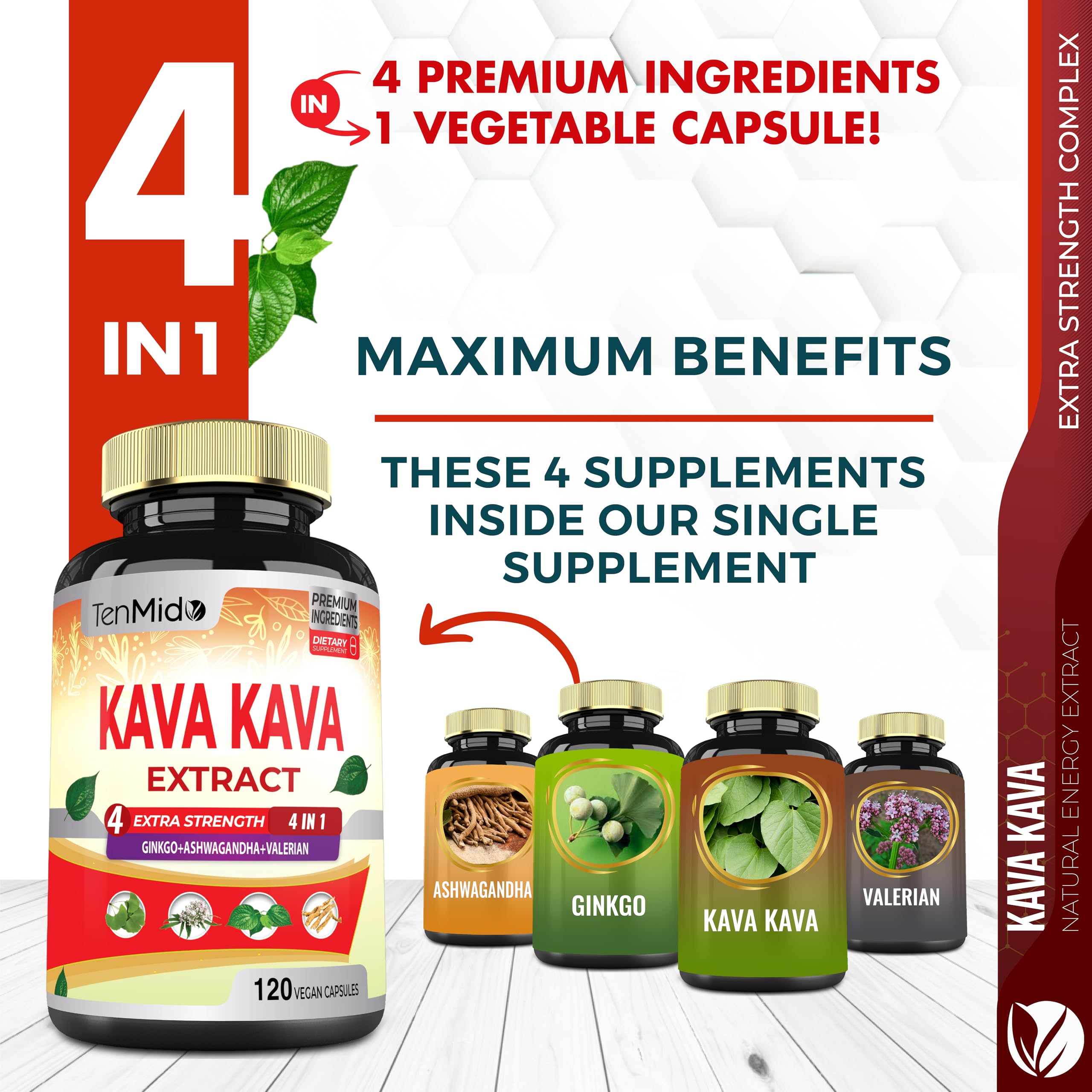 Tenmido Kava Kava Extract Capsules side view with label
