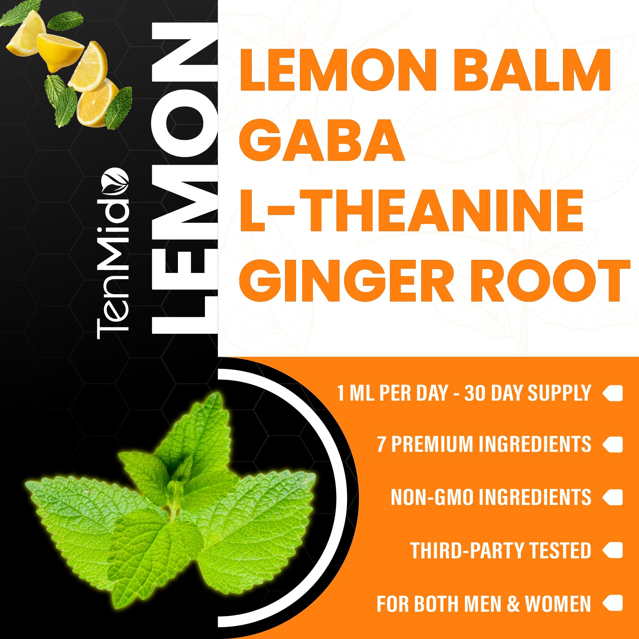 Tenmido Lemon Balm Tincture 30ml bottle with ingredients