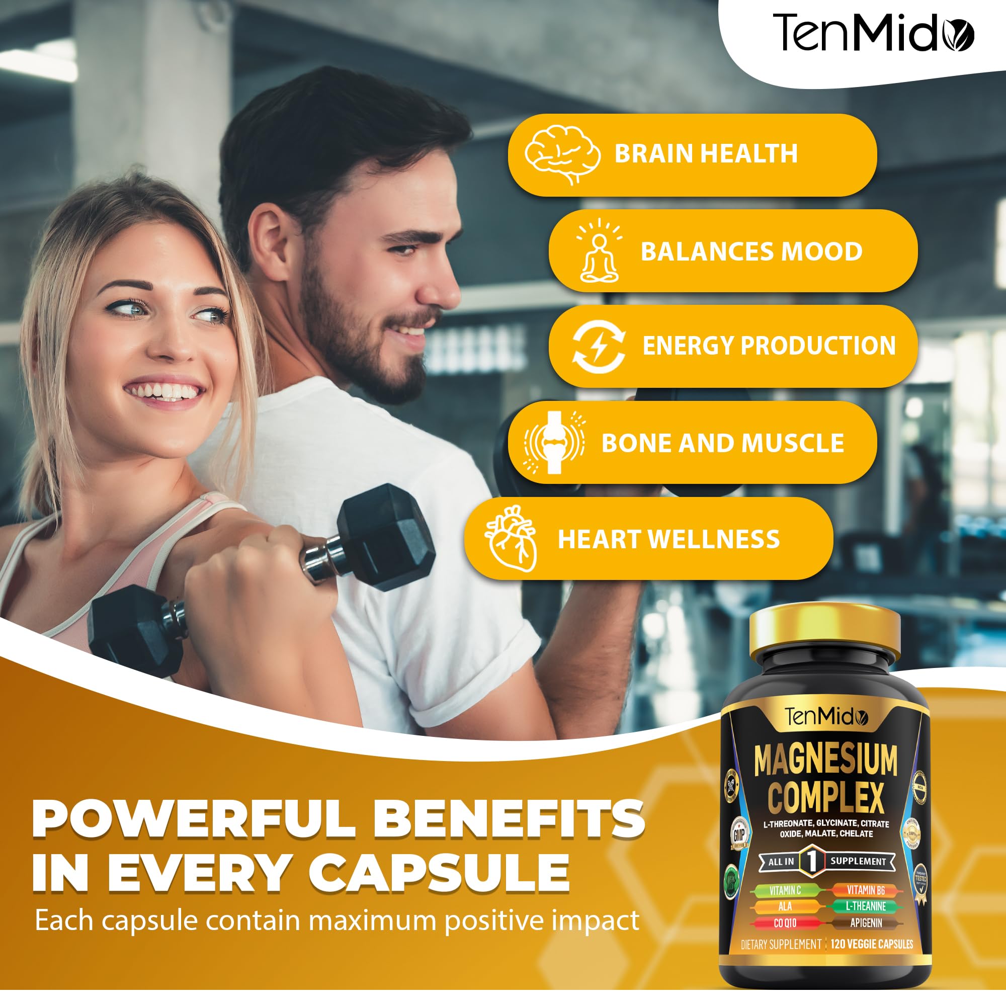 Tenmido Magnesium Complex bottle with capsules next to it