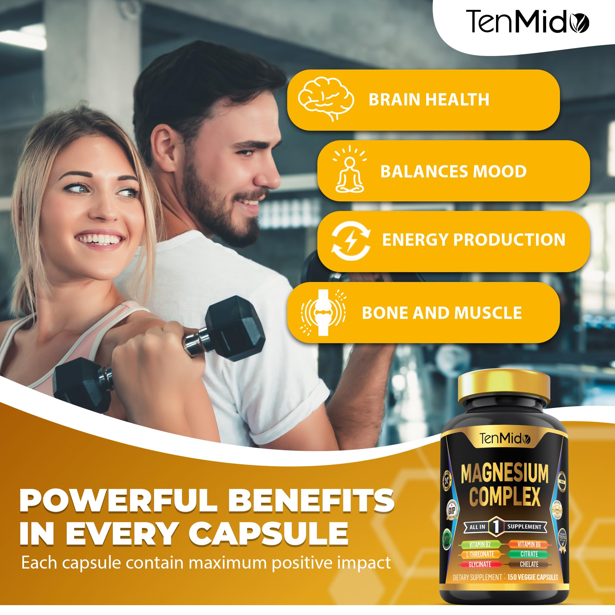 Tenmido Magnesium Complex bottle with capsules on a table