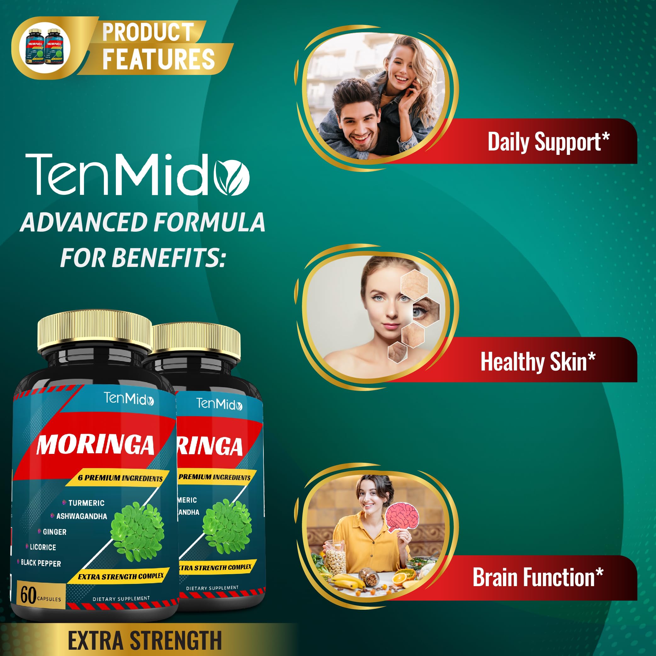 Tenmido Moringa Capsules 2 bottles displayed together