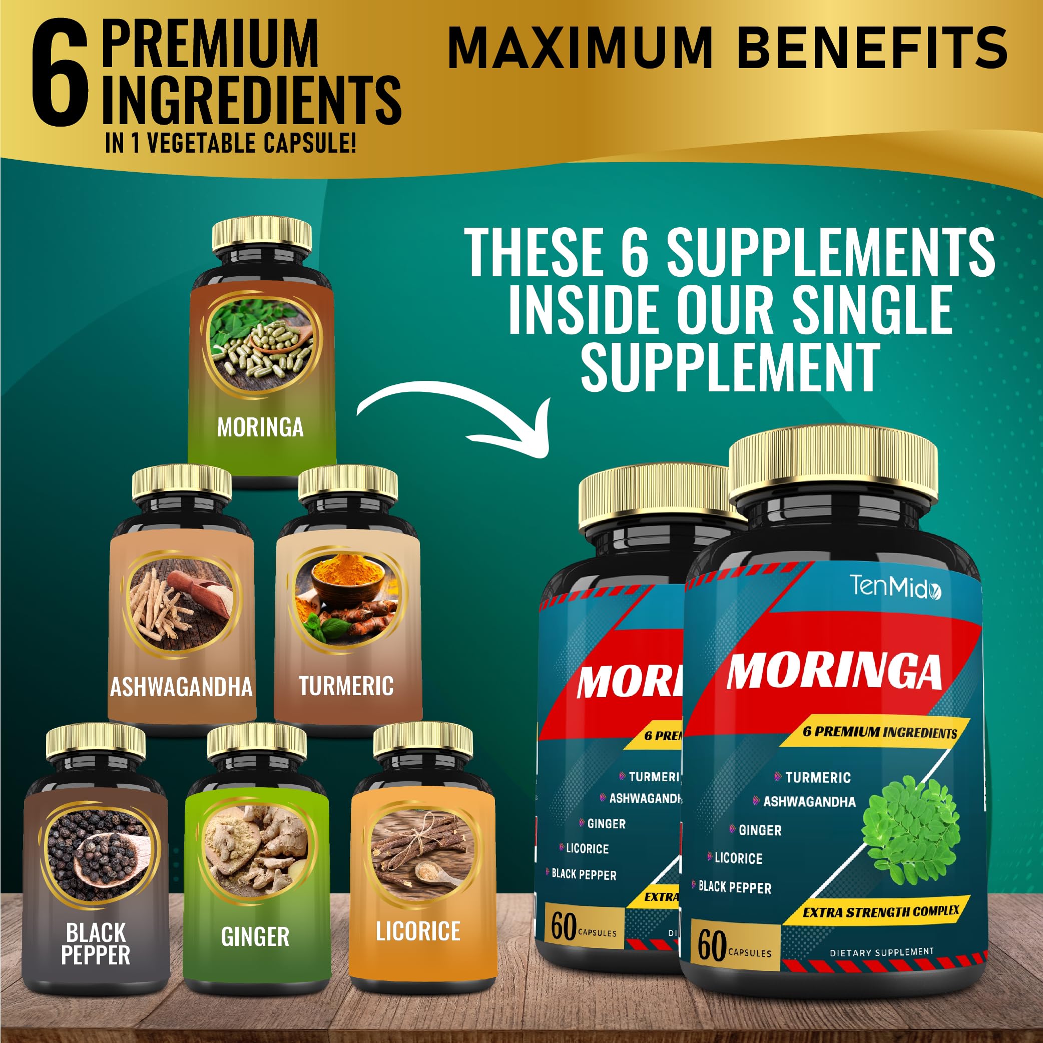 Tenmido Moringa Capsules 60 capsules bottle side view