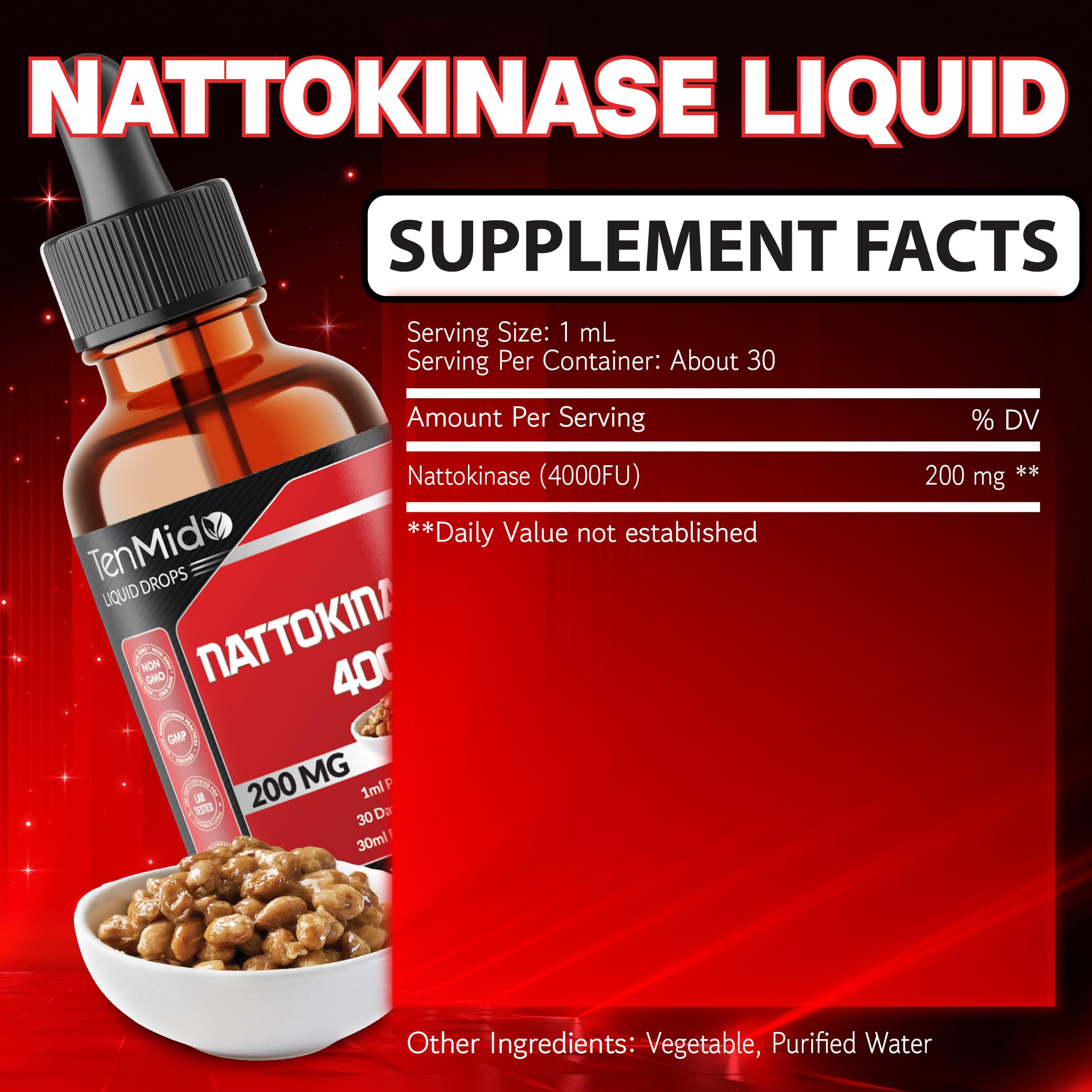Tenmido Nattokinase Liquid Drops bottle with dropper