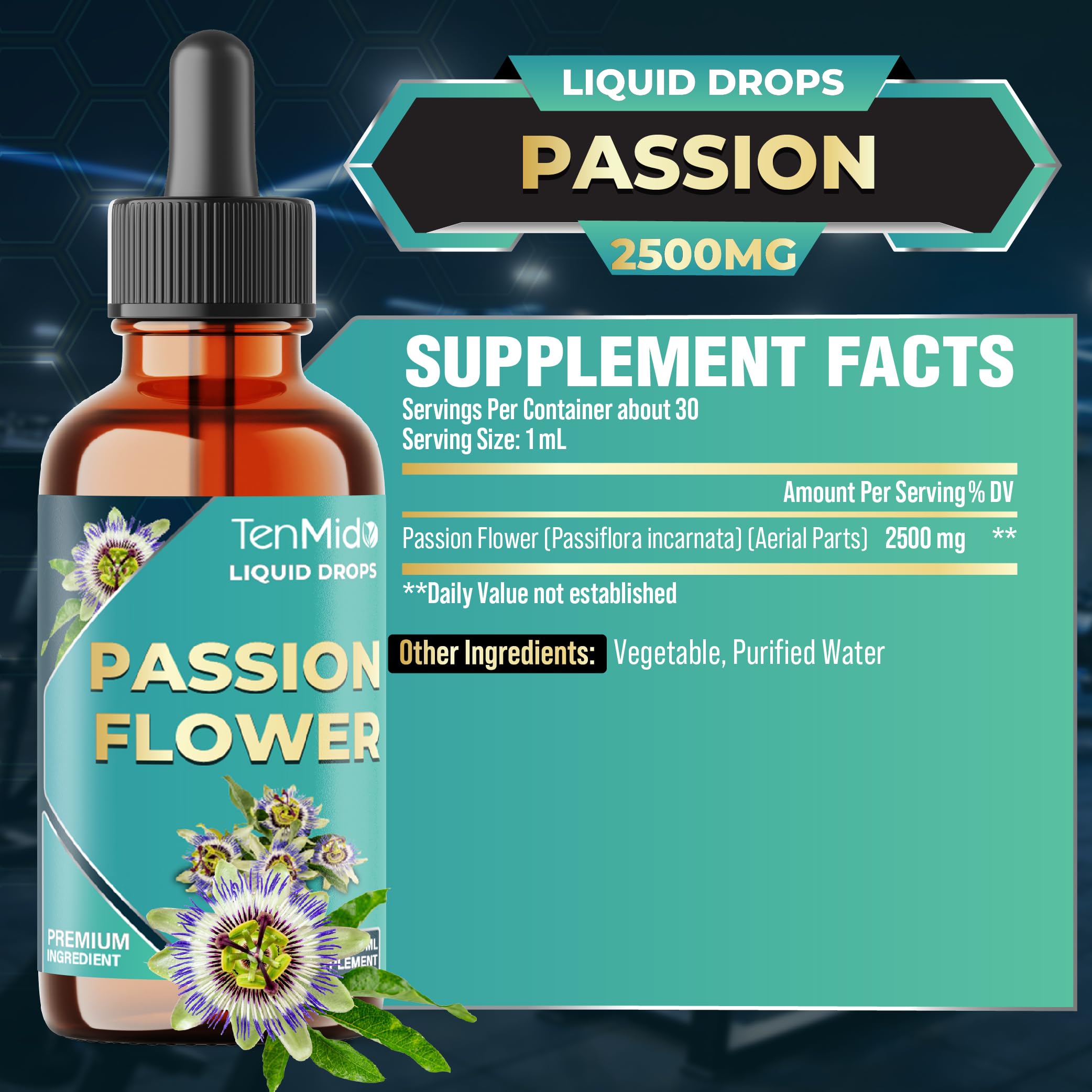 Tenmido Passion Flower Liquid Drops 30ml bottle with dropper