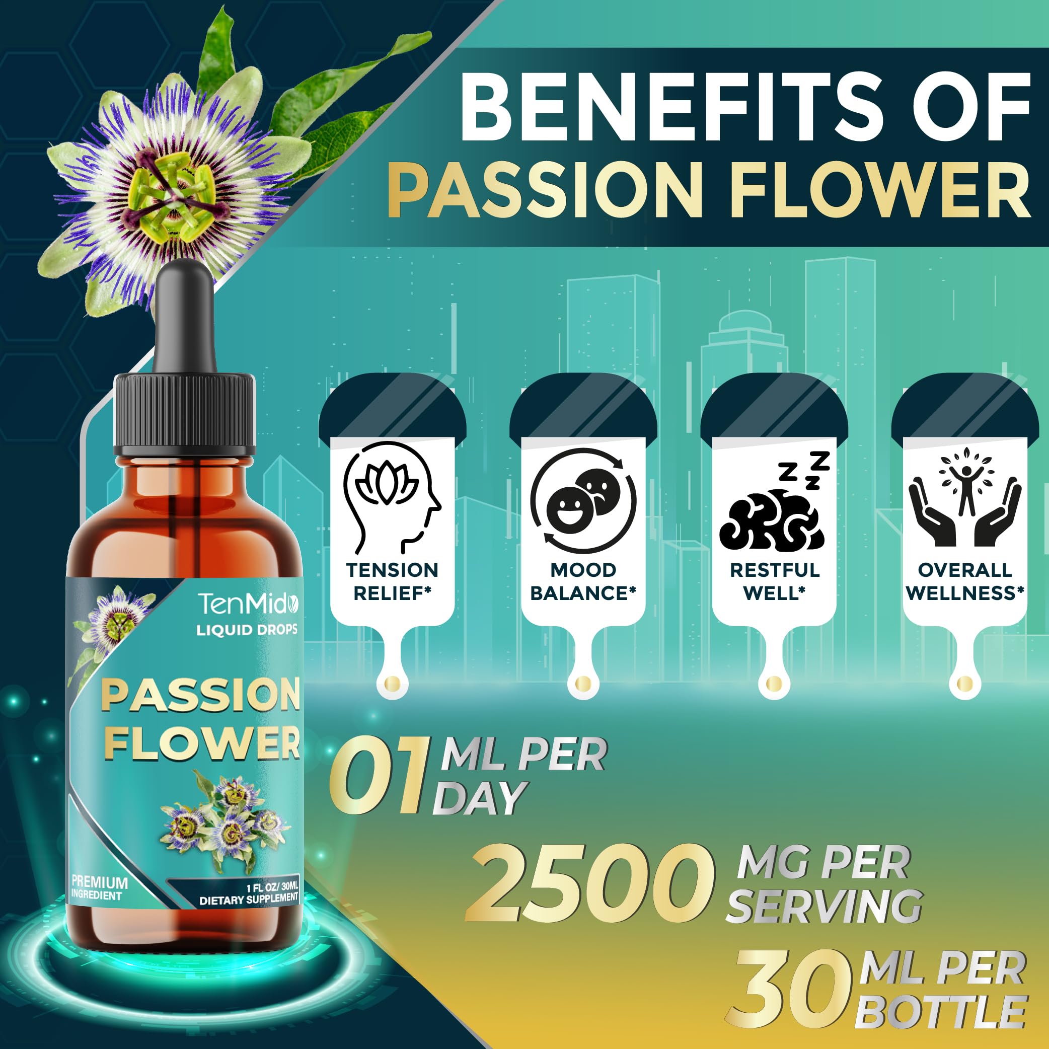 Tenmido Passion Flower Liquid Drops 30ml with measuring dropper